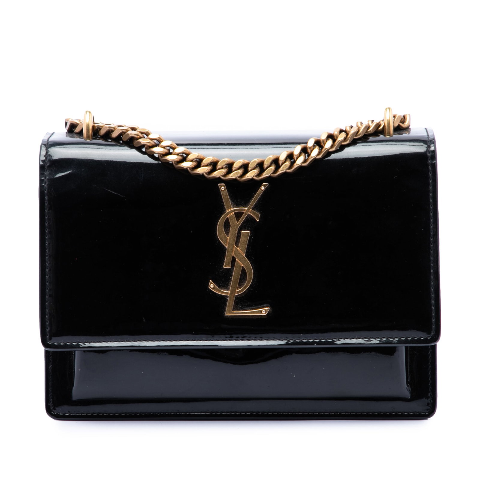 Saint Laurent Sunset Small Monogram Patent Leather Crossbody Bag: Saint Laurent Sunset Small Monogram Patent Leather Crossbody Bag Saint Laurent Small Patent Monogram Sunset Crossbody in black patent leather. This crossbody bag features a chain link strap with a lea