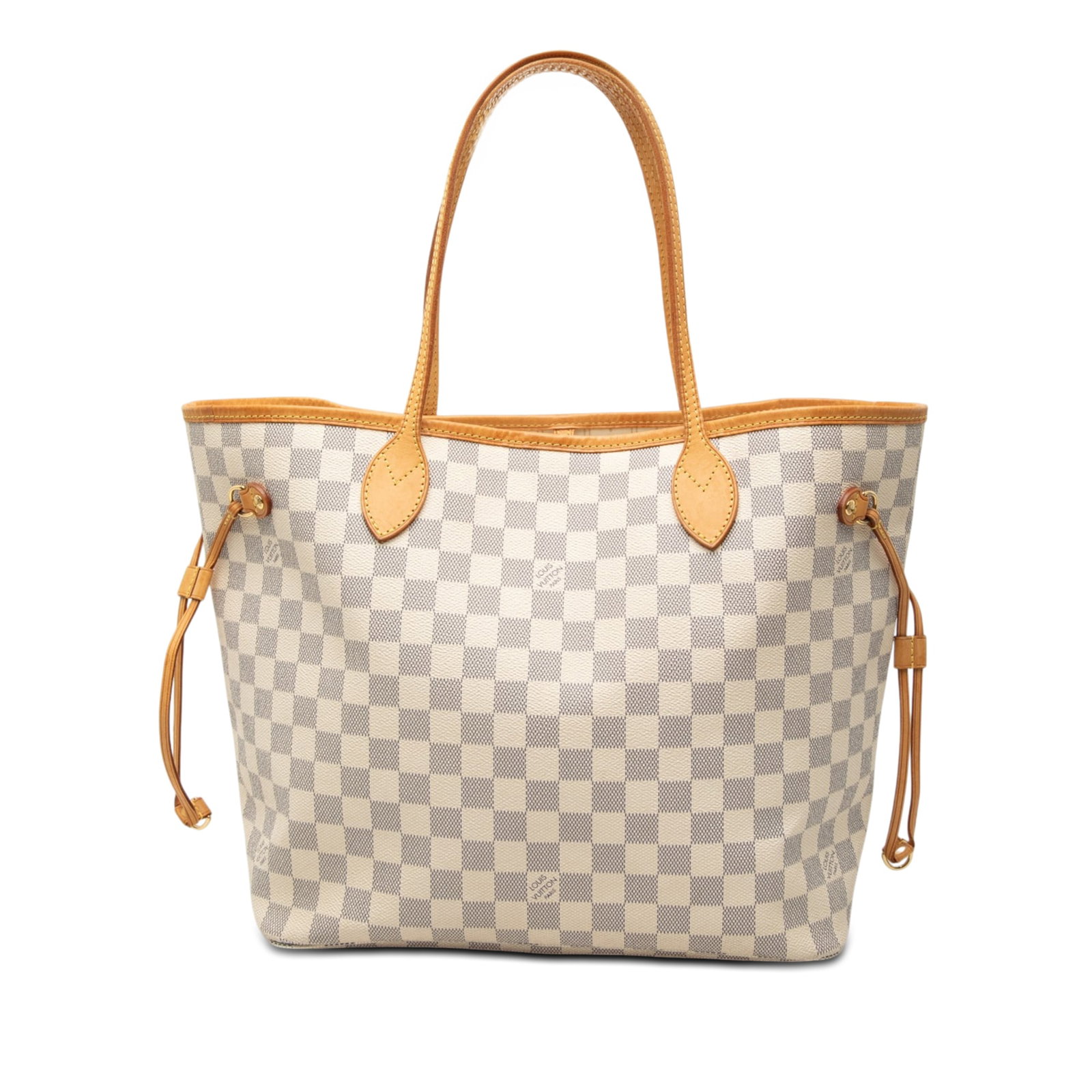 Louis Vuitton Neverfull MM Damier Azur Tote Bag: Louis Vuitton Neverfull MM Damier Azur Tote Bag Louis Vuitton Neverfull MM tote in Damier Azur canvas with vachetta leather trim and flat vachetta leather handles. The bag features an open top with a 