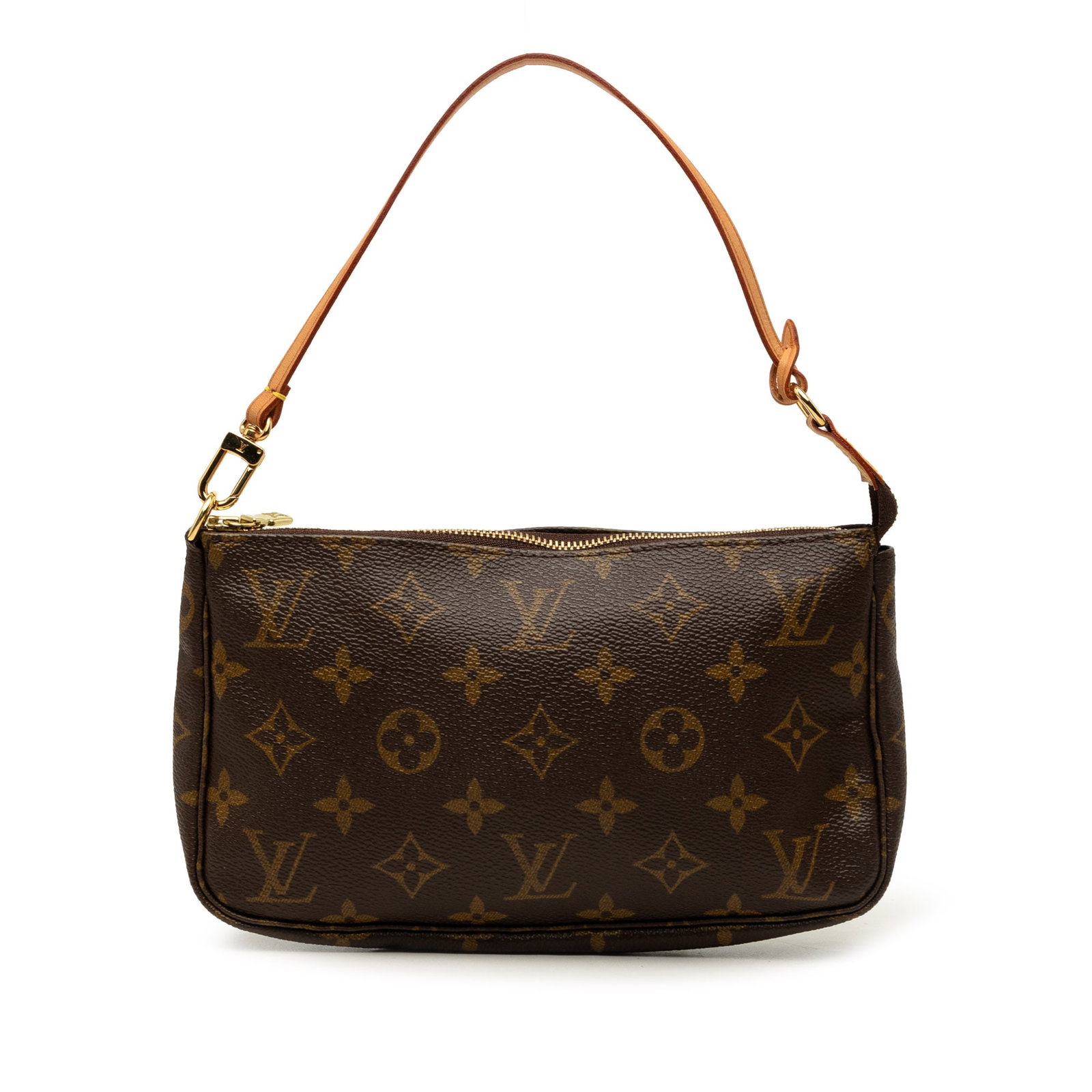 Louis Vuitton Monogram Pochette Accessoires Brown Canvas Handbag: Louis Vuitton Monogram Pochette Accessoires Brown Canvas Handbag Louis Vuitton Monogram Pochette Accessoires crafted in monogram canvas with a flat vachetta leather handle and top zip closure. This co