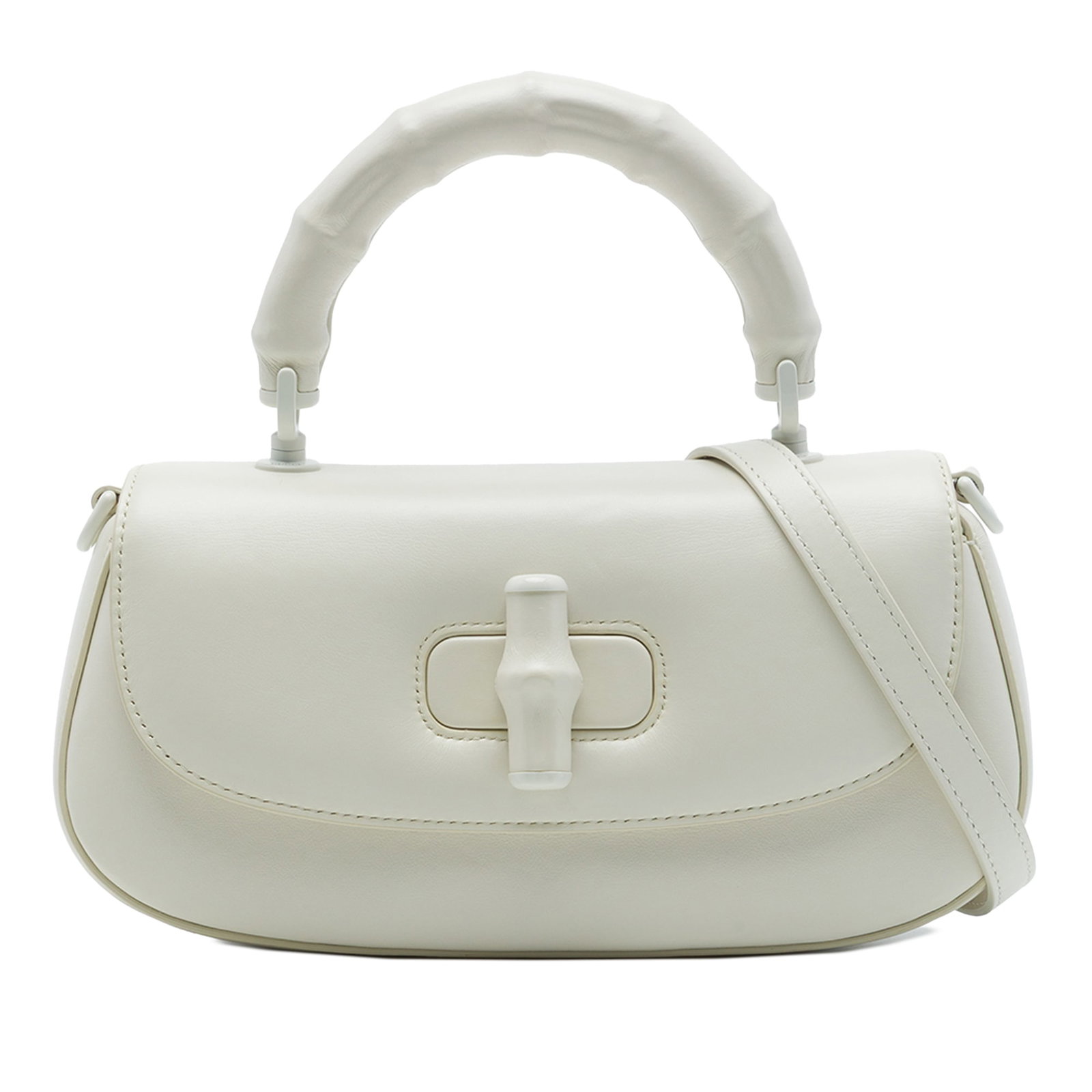Gucci Bamboo Diva Small Leather Top Handle Satchel: Gucci Bamboo Diva Small Leather Top Handle Satchel Gucci Small Calfskin Bamboo Diva Top Handle Bag in white leather with a structured satchel silhouette. It features a bamboo top handle, a detachable 