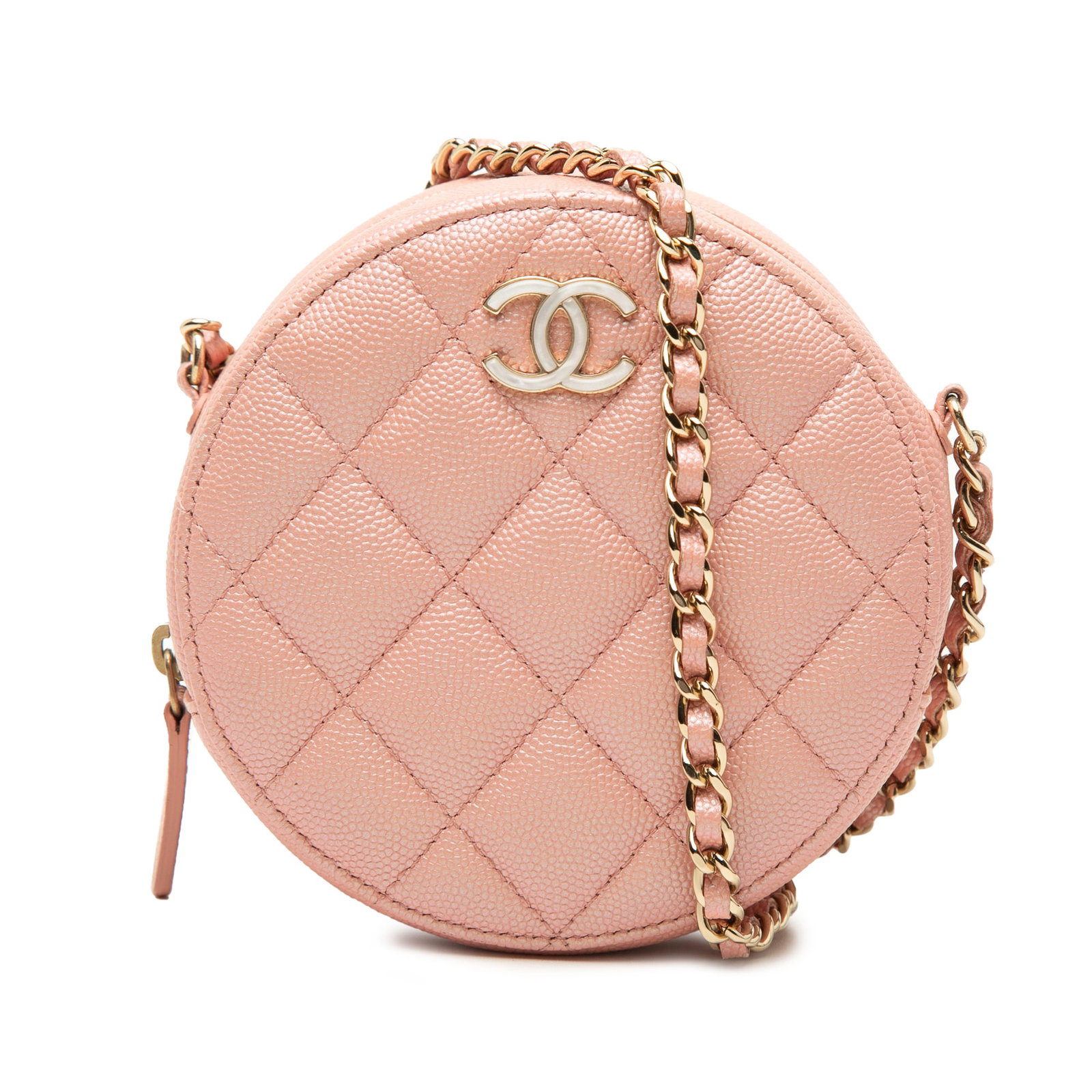 Chanel Round Clutch Crossbody CC Quilted Iridescent Caviar Pink: Chanel Round Clutch Crossbody CC Quilted Iridescent Caviar Pink Round Chanel clutch with chain in pink iridescent quilted caviar leather. It features a leather-woven chain strap, top zip closure, and