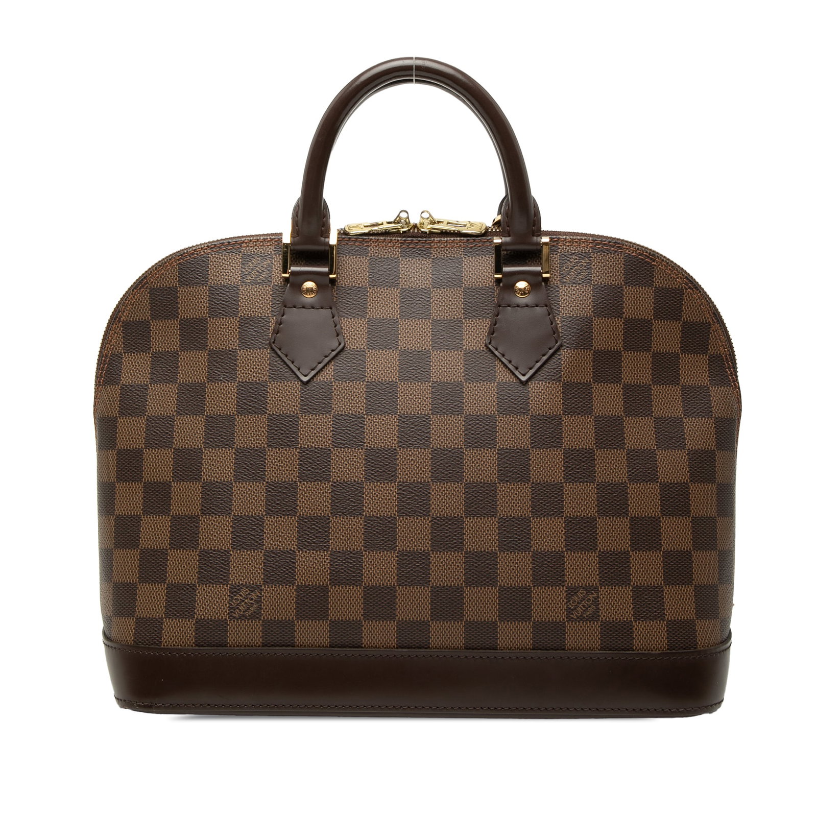 Louis Vuitton Alma PM brown Damier Ebene handbag: Louis Vuitton Alma PM brown Damier Ebene handbag Louis Vuitton Alma PM in Damier Ebene canvas with leather trim and rolled leather handles. This handbag features a top zip closure and an interior slip