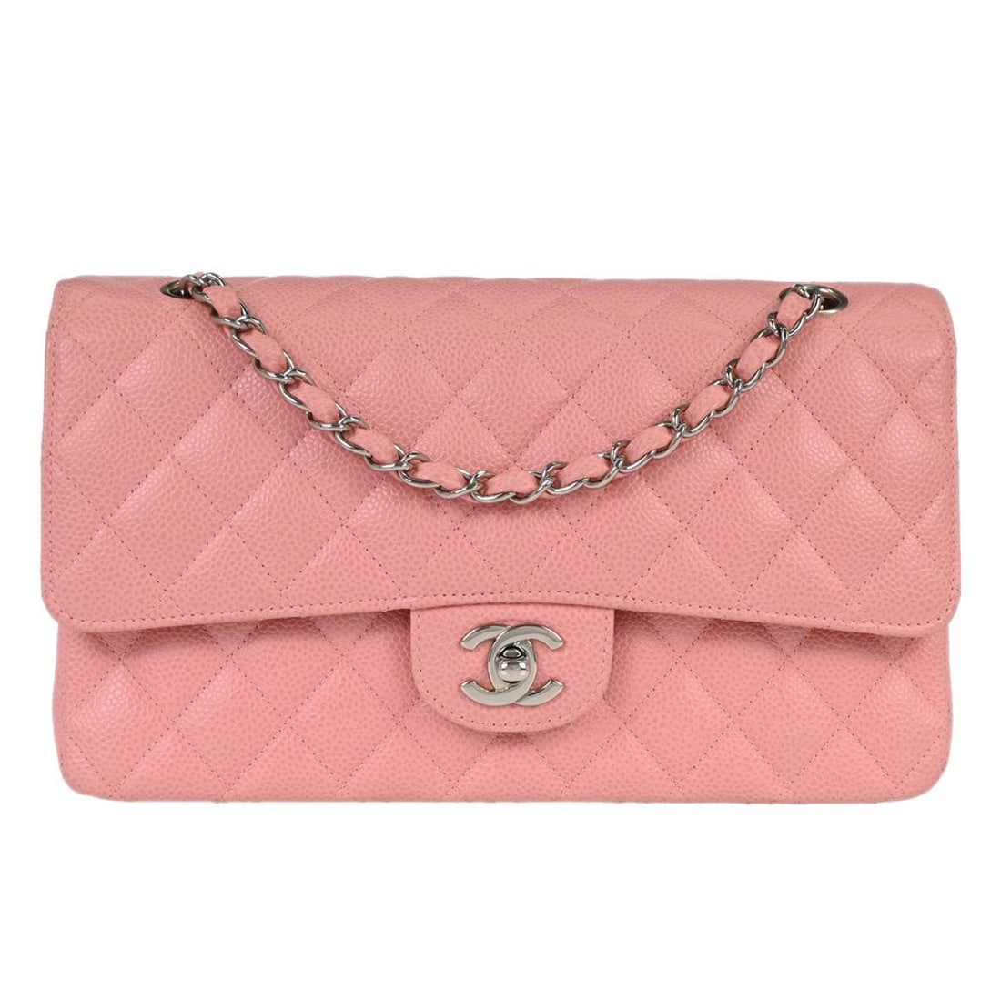 CHANEL Classic Double Flap Medium Shoulder Bag Pink Caviar Leather: CHANEL Classic Double Flap Medium Shoulder Bag Pink Caviar Leather This Chanel Medium Classic Double Flap Shoulder Bag is crafted in pink caviar skin leather and features a turn lock closure with a sh