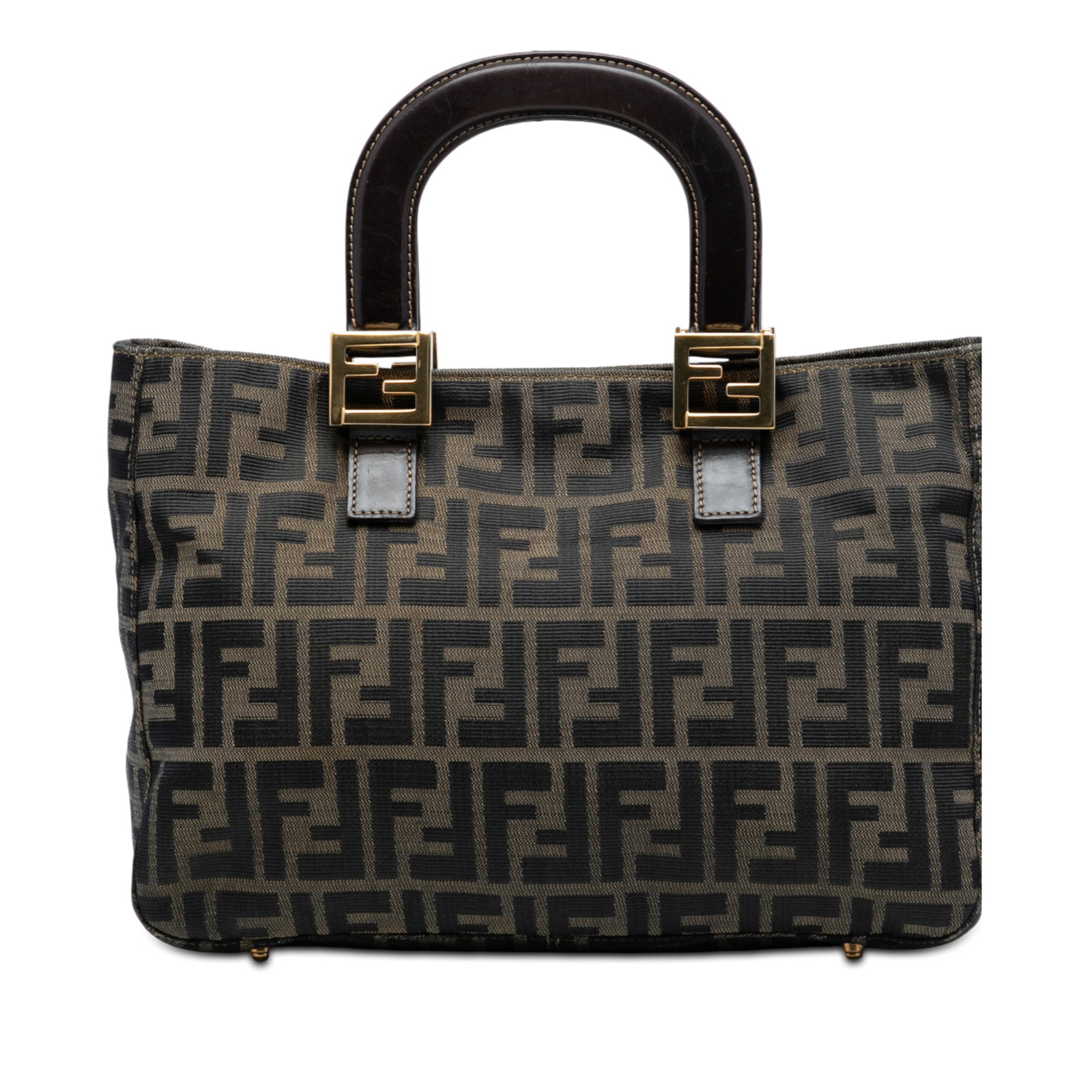 Fendi Twins Tote Small Brown Zucca Canvas with Leather Handles: Fendi Twins Tote Small Brown Zucca Canvas with Leather Handles This Fendi Small Zucca Canvas Twins Tote features a brown fabric canvas body with flat leather top handles. The bag has an open top with 