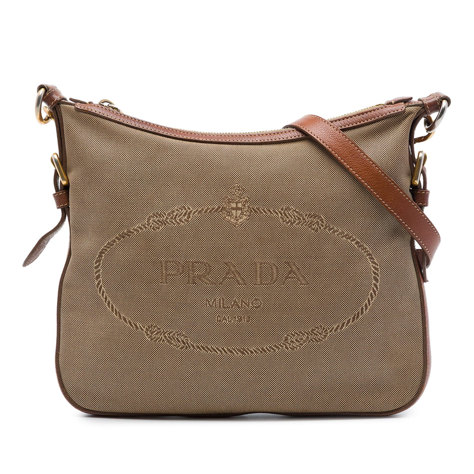 Prada Canapa Logo Canvas Crossbody Bag Beige: Prada Canapa Logo Canvas Crossbody Bag Beige Prada Canvas Canapa Logo Crossbody bag in beige fabric with leather trim. It features an adjustable and detachable flat leather strap, a top zip closure, a