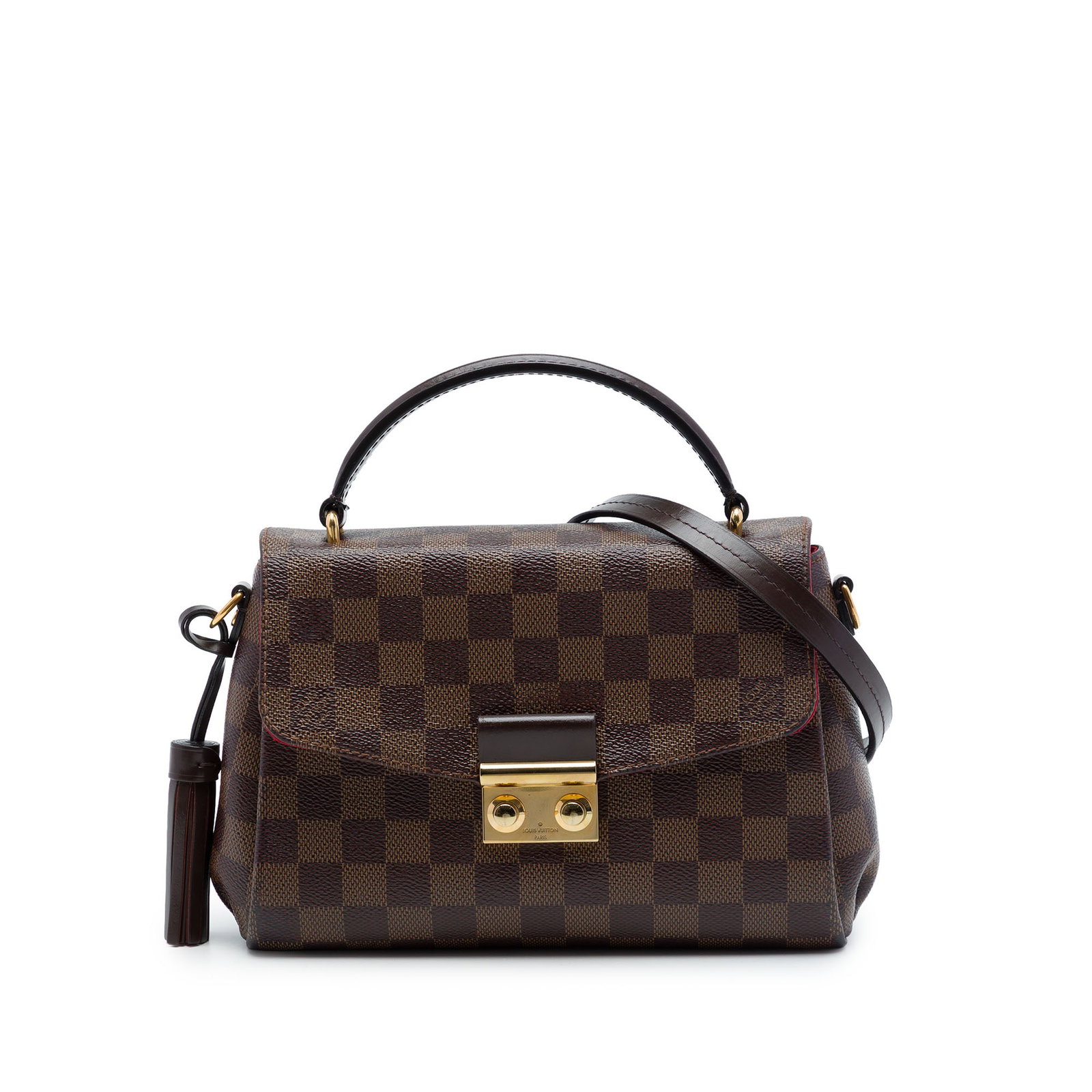 Top Handle Crossbody Bag Louis Vuitton Croisette Damier Ebene: Top Handle Crossbody Bag Louis Vuitton Croisette Damier Ebene Louis Vuitton Croisette in Damier Ebene canvas with leather trim. This structured handbag features a top rolled leather handle, a detachab