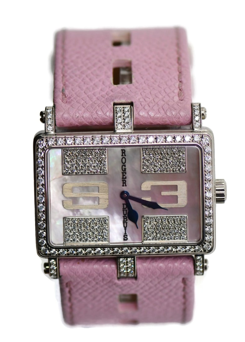 Roger Dubuis Too Much Womens Quartz Watch 18K White Gold Diamond Bezel: Roger Dubuis Too Much Womens Quartz Watch 18K White Gold Diamond Bezel Roger Dubuis Too Much women's wristwatch with an analog quartz movement, featuring a mother-of-pearl dial, diamond bezel, and pin