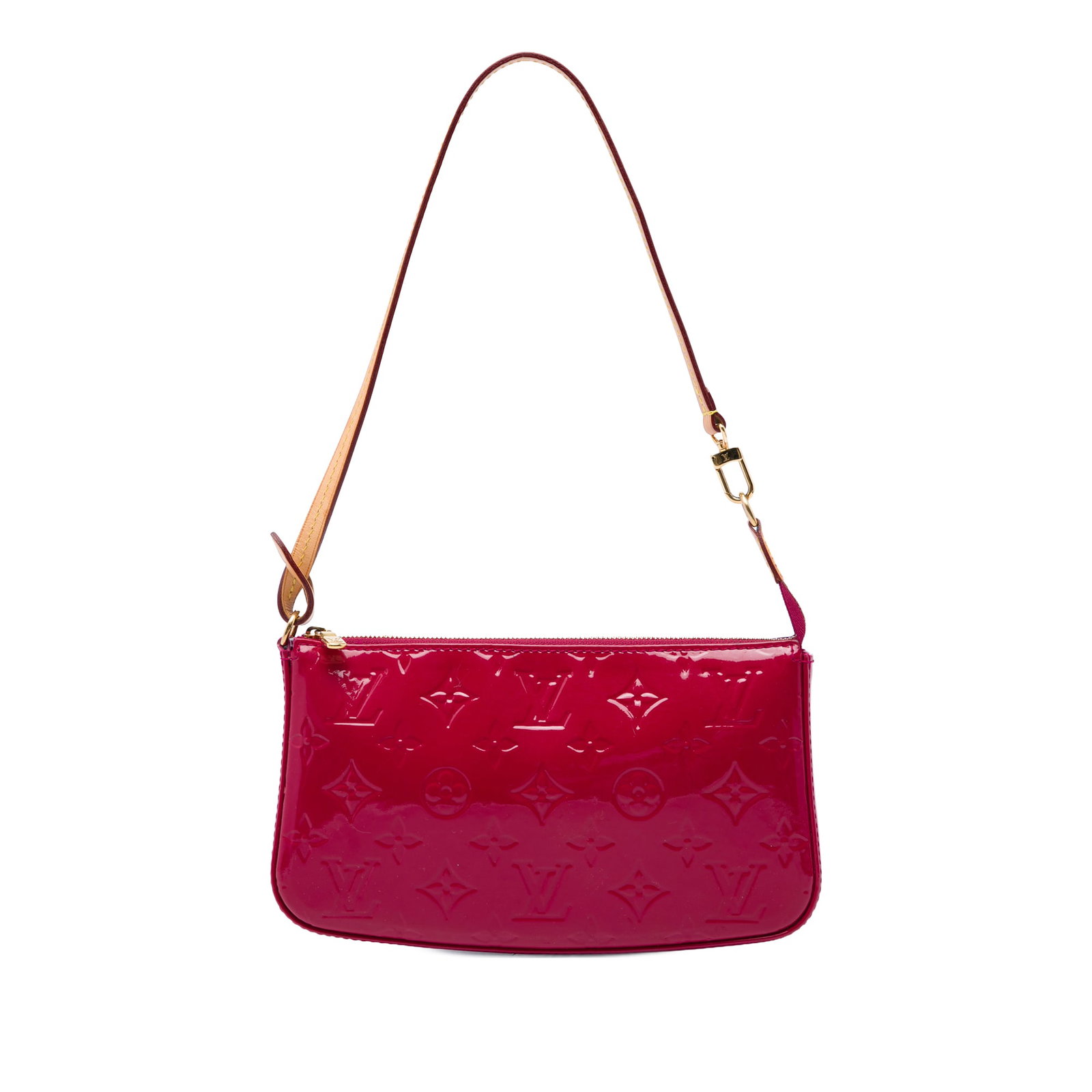 Louis Vuitton Monogram Vernis leather pochette bag with strap: Louis Vuitton Monogram Vernis leather pochette bag with strap Louis Vuitton Monogram Vernis Pochette Accessoires in pink vernis leather with a detachable flat vachetta leather strap, top zip closure, 