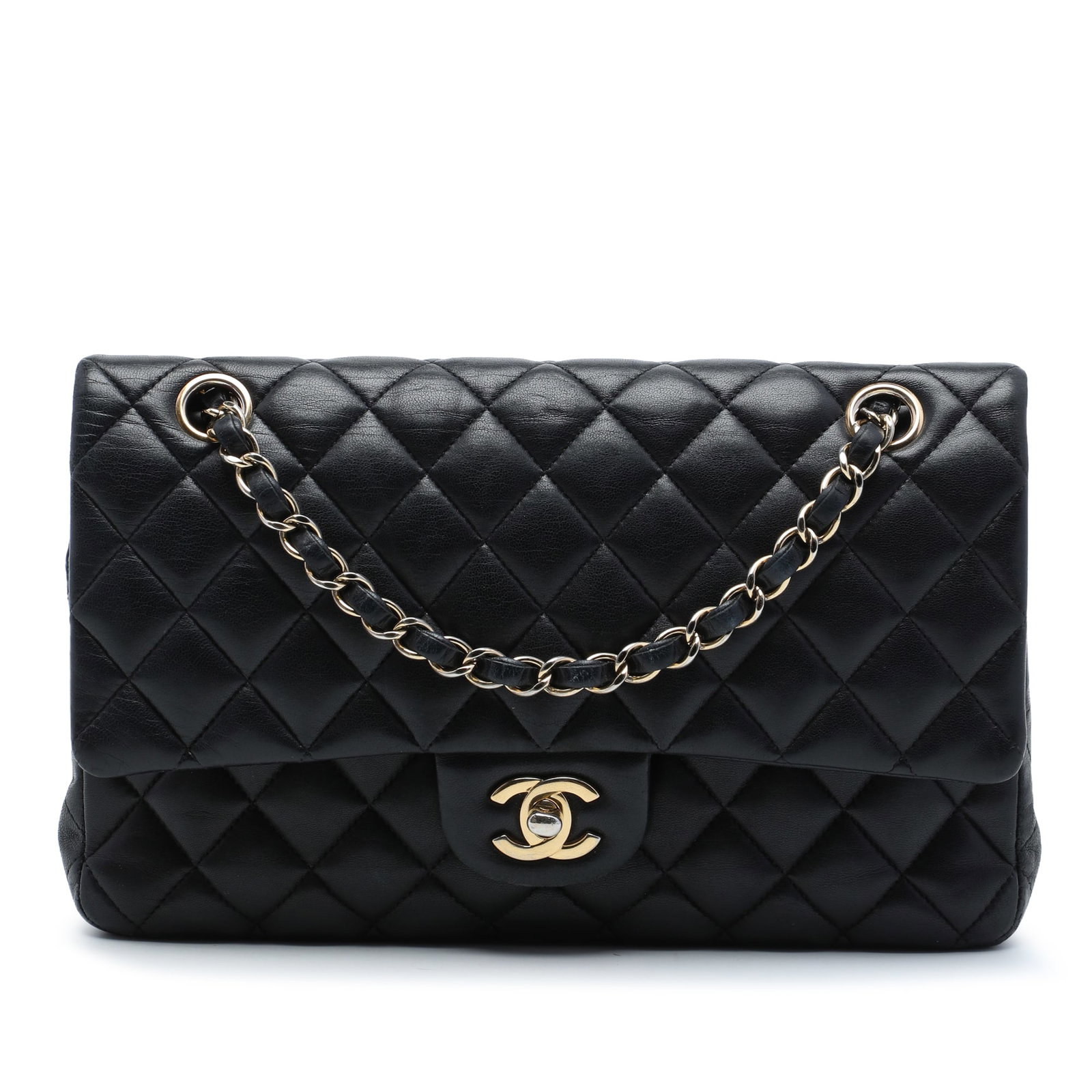 Chanel Medium Classic Double Flap Shoulder Bag Black Lambskin: Chanel Medium Classic Double Flap Shoulder Bag Black Lambskin A Chanel Medium Classic Double Flap shoulder bag crafted in black quilted lambskin leather. This iconic design features a back slip pocket