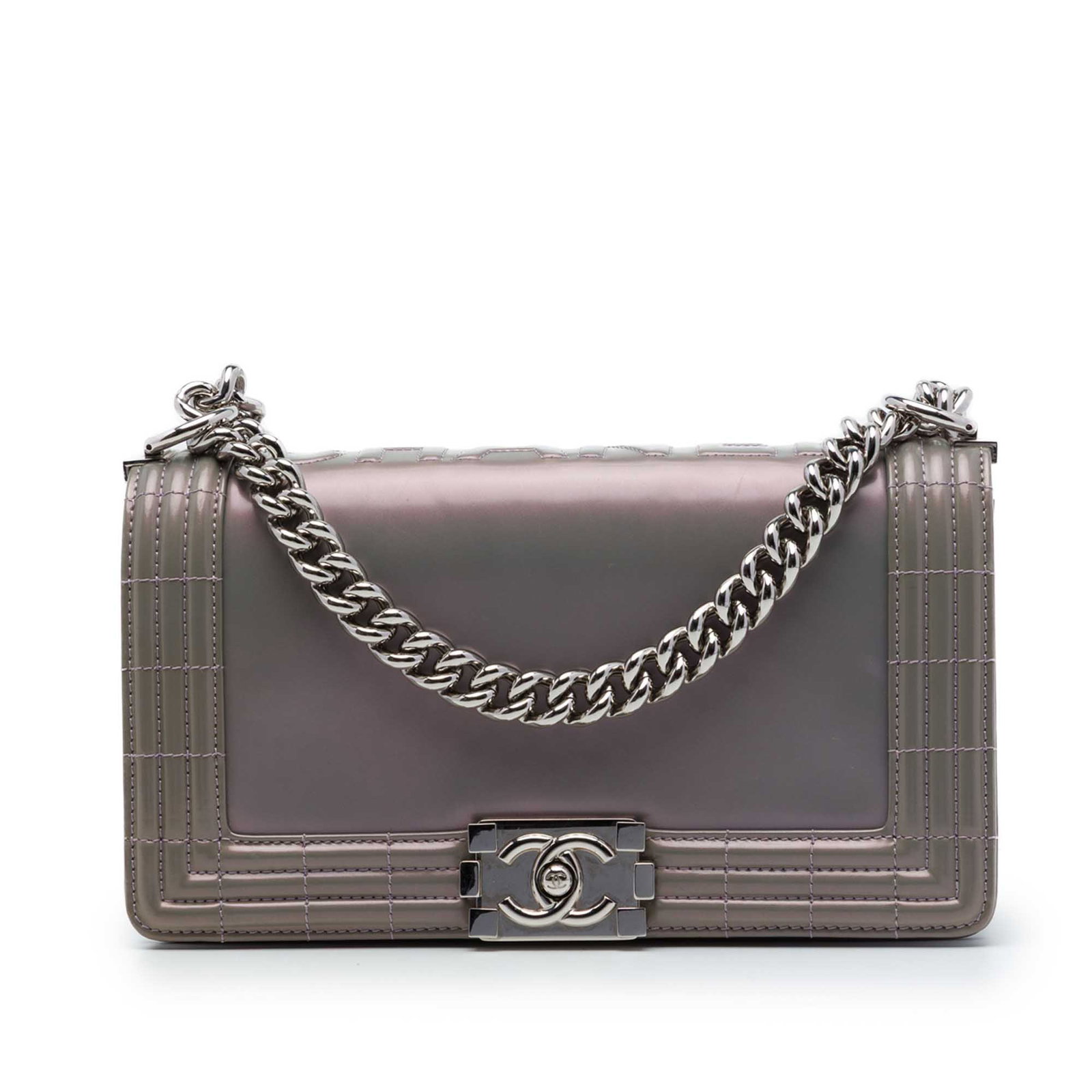 Chanel Boy Reverso Flap Old Medium Iridescent Patent Bag: Chanel Boy Reverso Flap Old Medium Iridescent Patent Bag A Chanel Old Medium Boy Reverso Flap in gray iridescent patent leather. This shoulder bag features a curb chain and leather shoulder strap, a f
