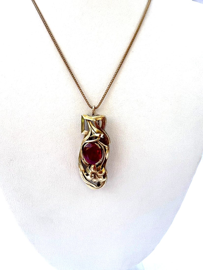 Arts and Crafts 18K Yellow Gold Necklace Brooch Matthias W. Hanck Ruby (1 of 11)