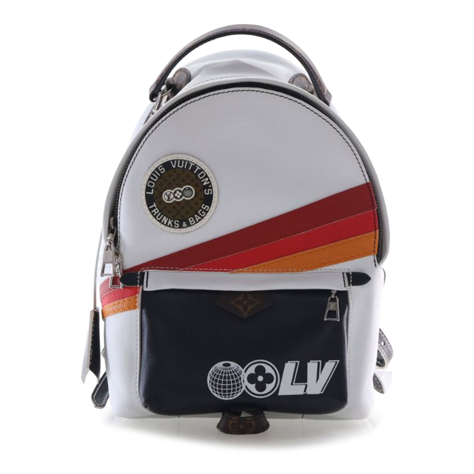 Louis Vuitton Palm Springs PM Monogram Calfskin Backpack: Louis Vuitton Palm Springs PM Monogram Calfskin Backpack A Louis Vuitton Palm Springs PM backpack in white calfskin with Monogram canvas detailing. This compact design features a flat top handle, adju