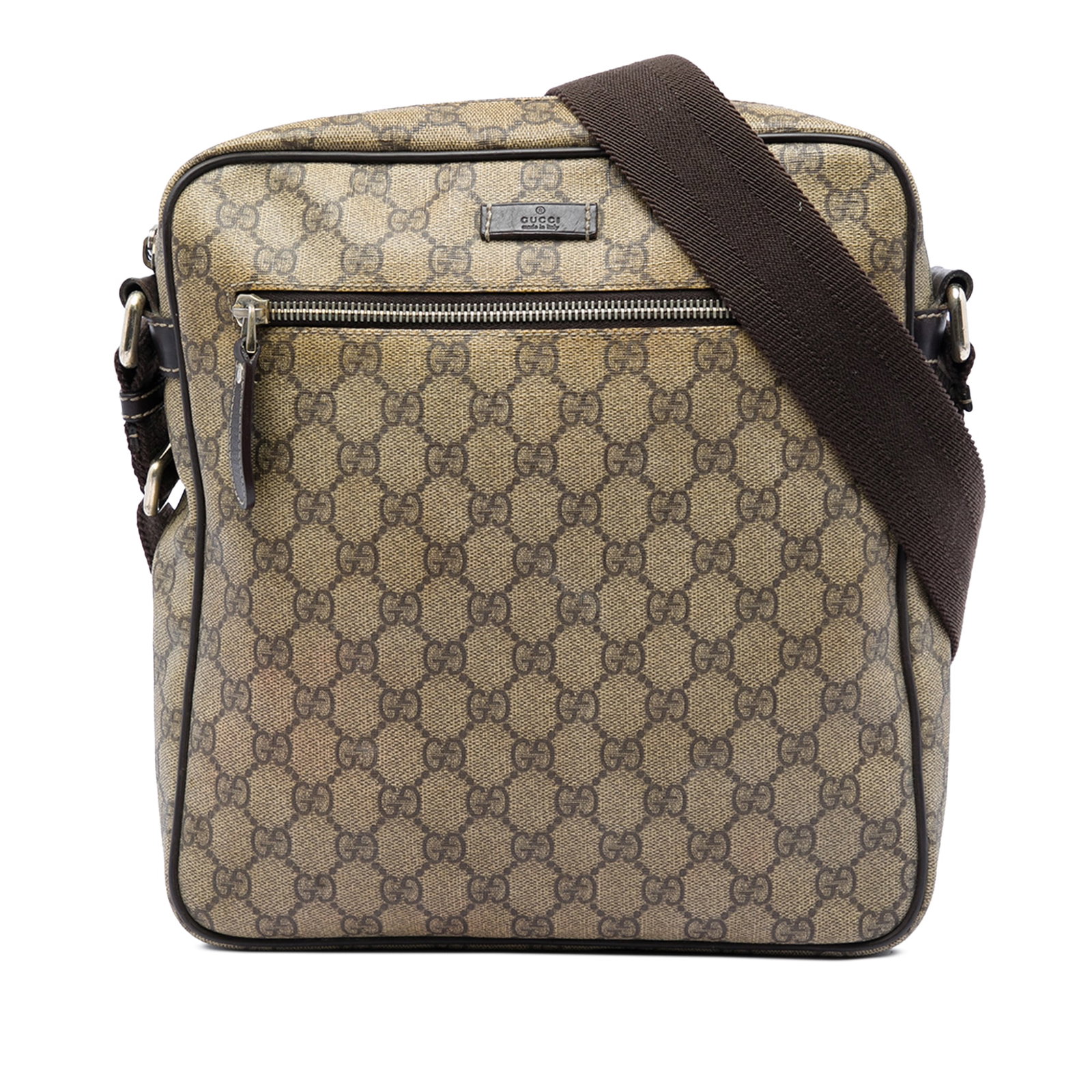 Gucci GG Supreme Beige Coated Canvas Crossbody Bag: Gucci GG Supreme Beige Coated Canvas Crossbody Bag Gucci GG Supreme Crossbody bag in beige with a coated canvas body and leather trim. The design includes a flat canvas shoulder strap, top zip closure