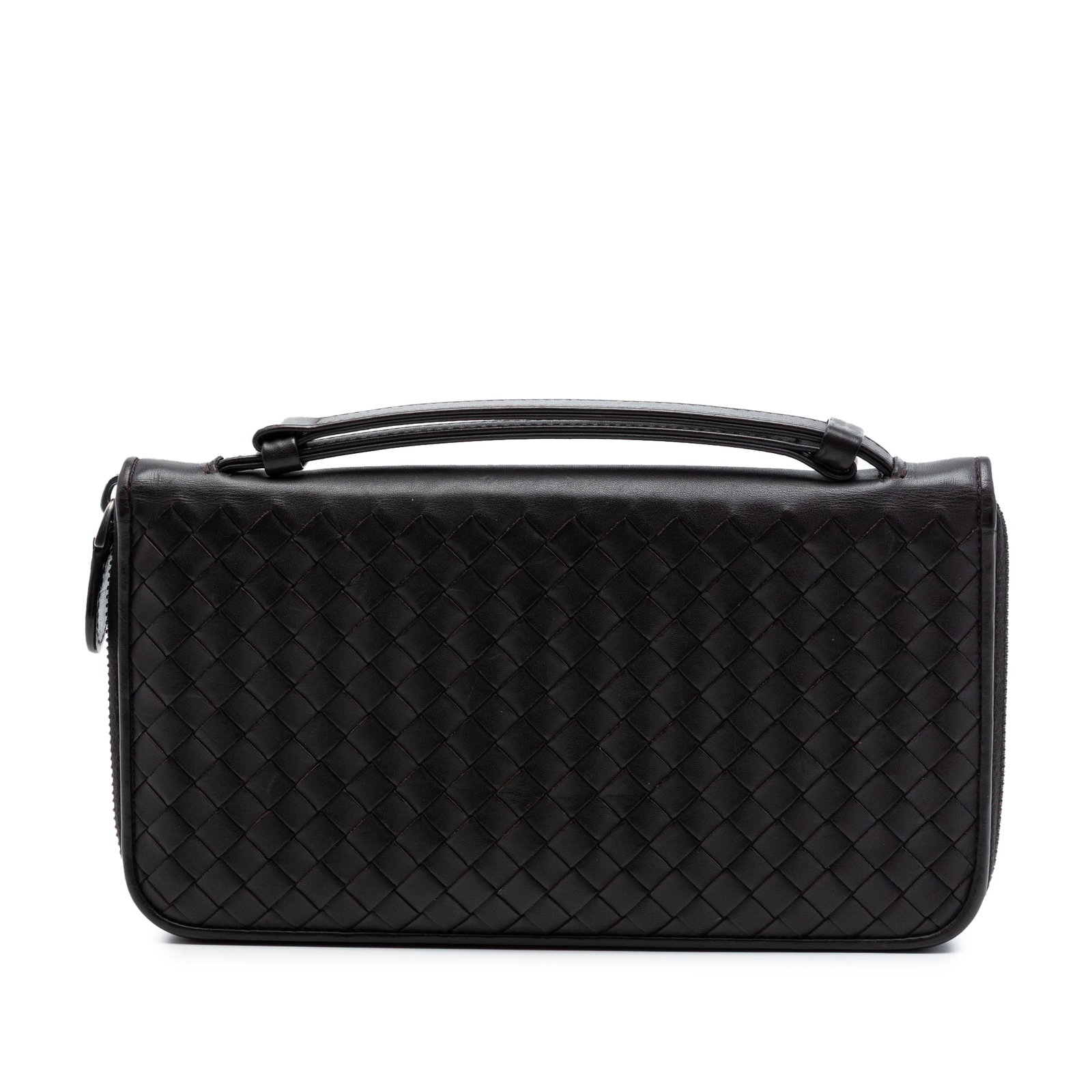 Bottega Veneta Intrecciato VN zip travel wallet in black leather: Bottega Veneta Intrecciato VN zip travel wallet in black leather Bottega Veneta travel organizer wallet crafted in black leather with the brand's signature woven design. This zip-around style features