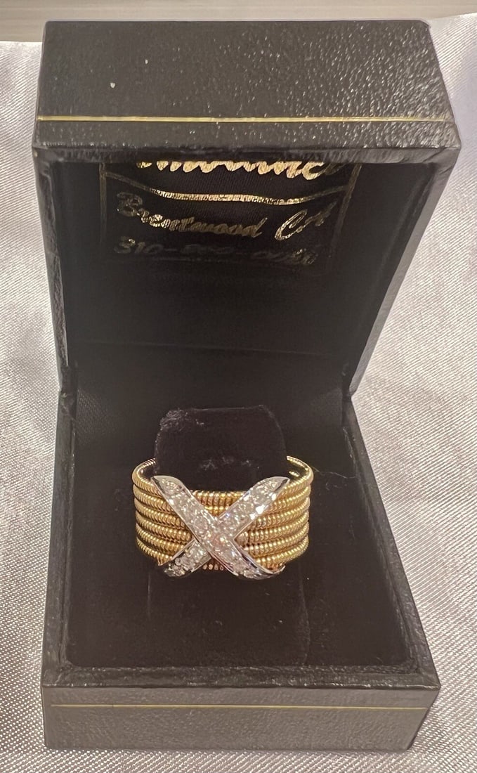 Size 9.5 French Diamond Ring in 18K Yellow and White Gold: Size 9.5 French Diamond Ring in 18K Yellow and White Gold French-made ring crafted in 18k yellow and white gold and set with diamonds. This pre-owned piece features detailed workmanship and an unbrand