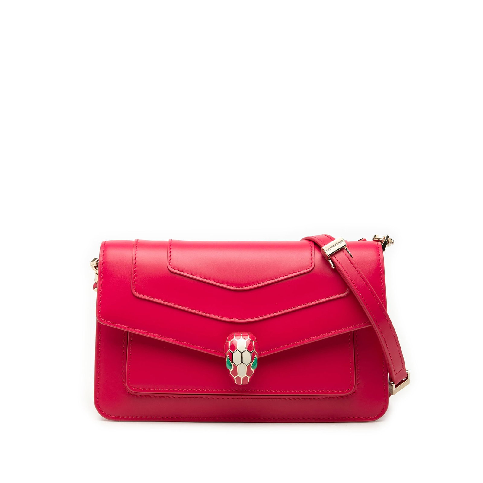 Bvlgari Serpenti Forever East West Pink Leather Shoulder Bag: Bvlgari Serpenti Forever East West Pink Leather Shoulder Bag This Bvlgari Serpenti Forever East West Shoulder Bag is crafted in leather with a pink calfskin body. It features an adjustable flat leathe