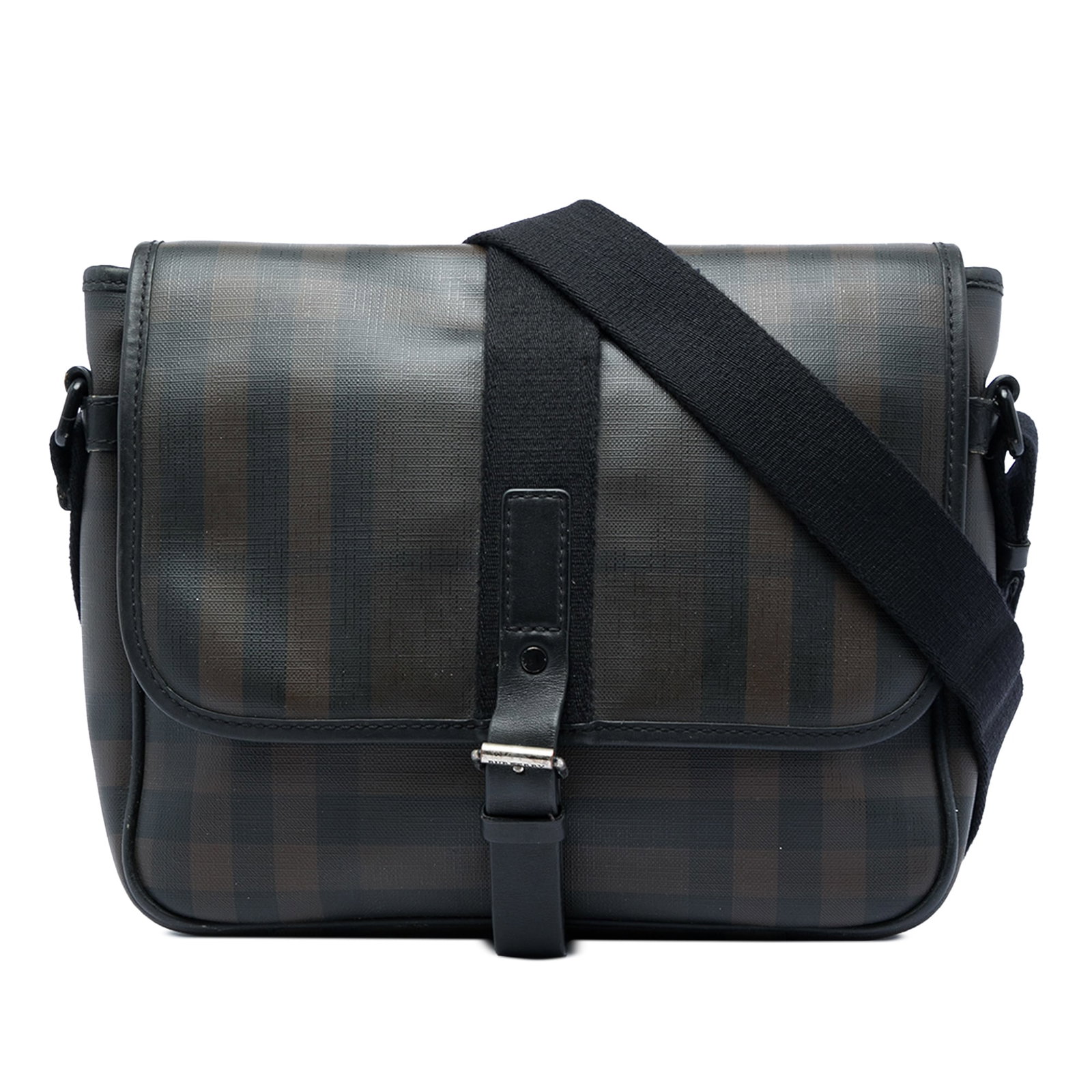 Burberry Smoke Check Crossbody Bag in Coated Canvas: Burberry Smoke Check Crossbody Bag in Coated Canvas Burberry Smoke Check coated canvas crossbody bag with leather trim and an adjustable flat canvas strap. The design includes a front flap with buckle