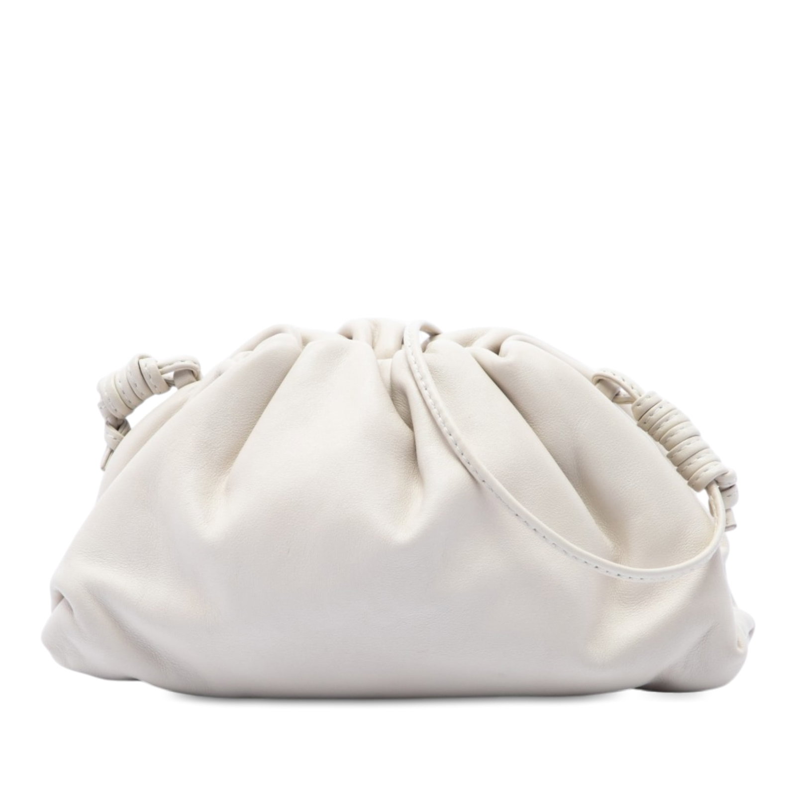 Bottega Veneta The Mini Pouch Lambskin Crossbody Bag: Bottega Veneta The Mini Pouch Lambskin Crossbody Bag A compact Bottega Veneta crossbody bag crafted in white lambskin leather. The Mini Pouch features a flat leather strap and a magnetic closure. Cond