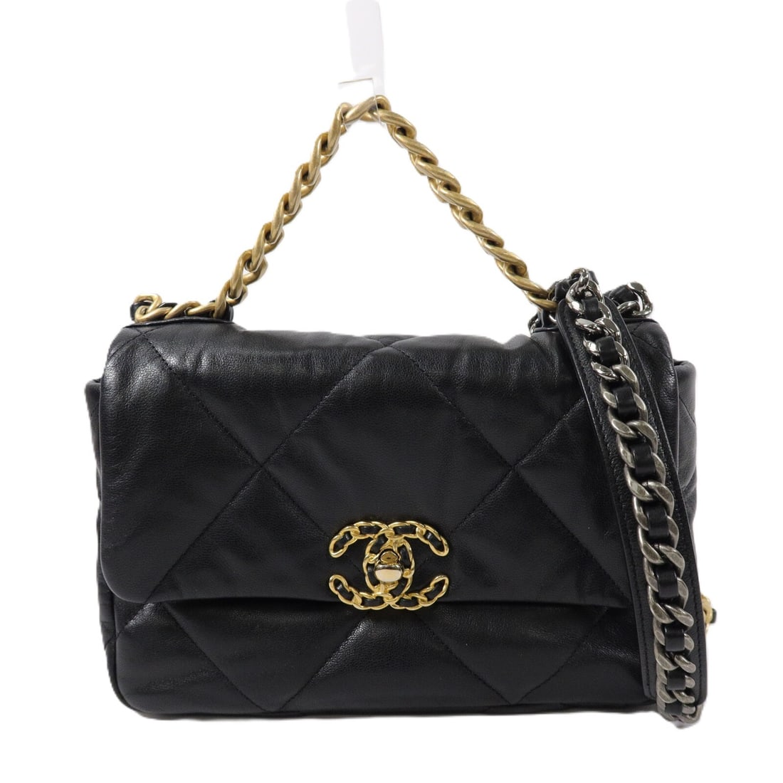 CHANEL C19 AS1161 Small 2way Shoulder Bag Black Lambskin GHW: CHANEL C19 AS1161 Small 2way Shoulder Bag Black Lambskin GHW Small Chanel C19 chain shoulder bag in black lambskin leather with a CC turn-lock closure and 2-way carry design. The bag features an exter