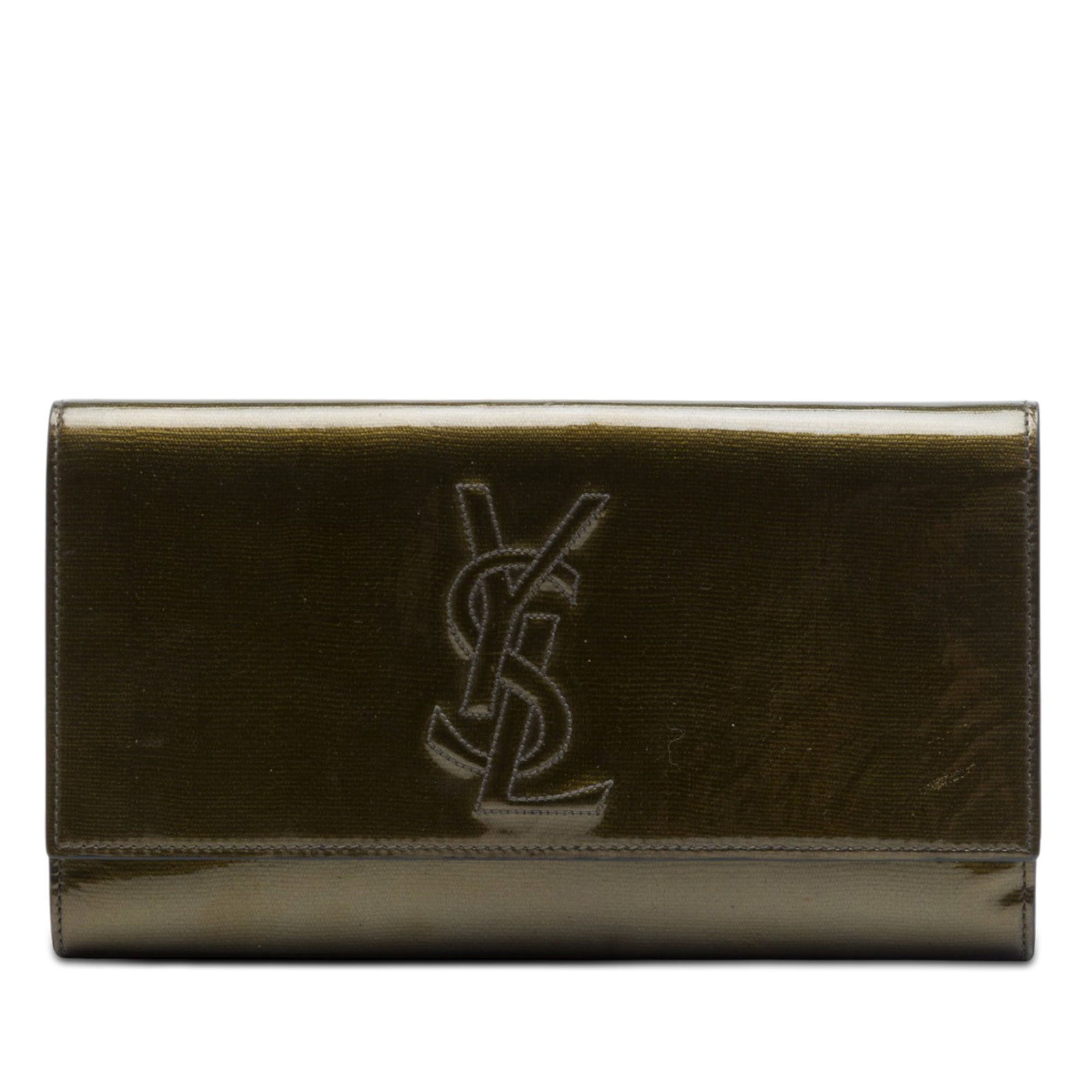 Green Patent Leather Clutch Saint Laurent Belle de Jour Large: Green Patent Leather Clutch Saint Laurent Belle de Jour Large A Saint Laurent Belle de Jour clutch crafted in patent leather with a front flap and magnetic snap closure. The interior includes a slip