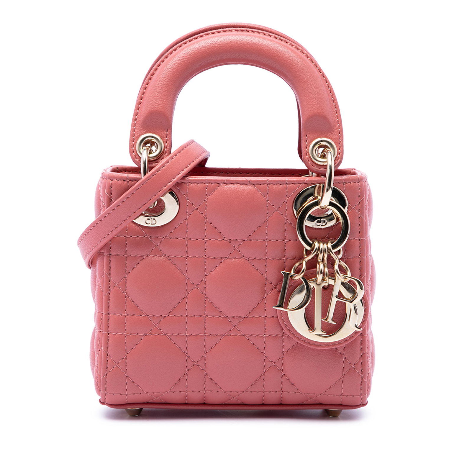 Dior Lady Dior Micro Cannage Lambskin Bag Pink: Dior Lady Dior Micro Cannage Lambskin Bag Pink A compact Lady Dior micro bag crafted in pink quilted lambskin leather with the signature Cannage pattern. It features flat leather top handles, a