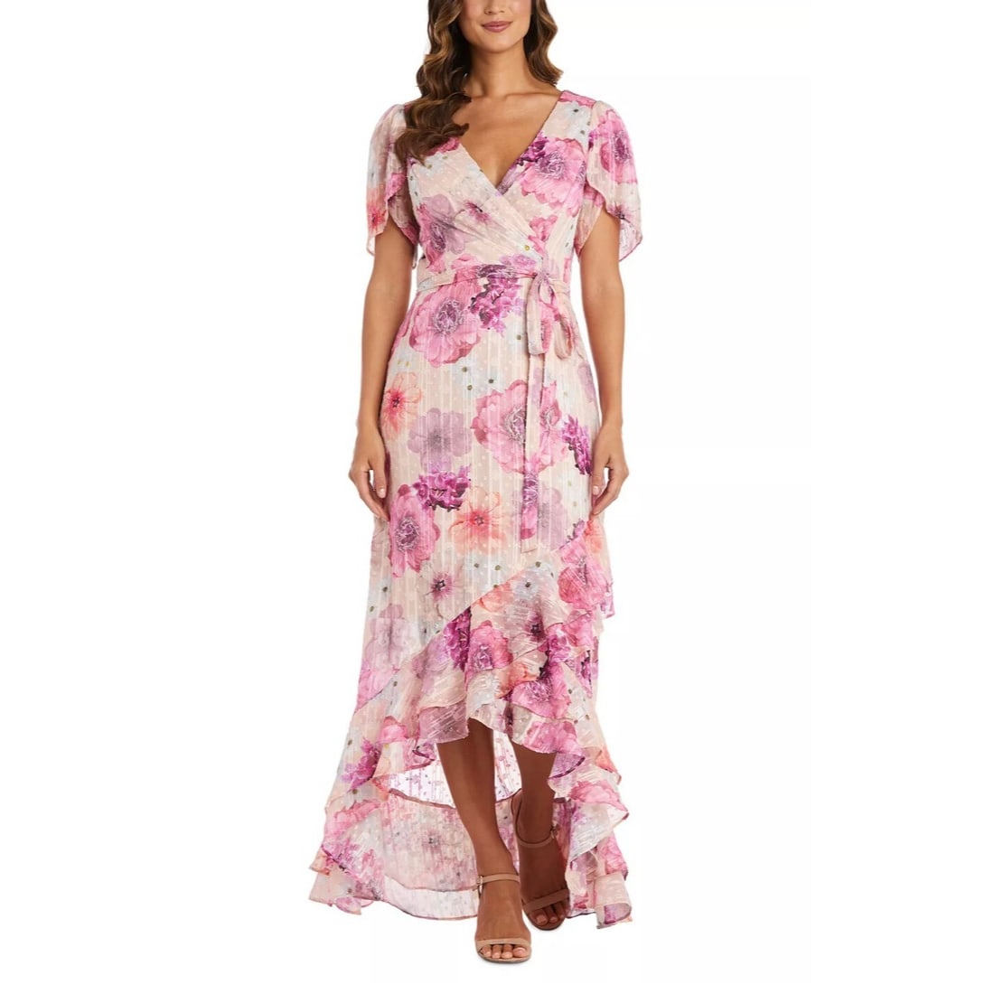 Nightway Floral Print High-Low Ruffled Dress Ivory Pink Size 4: Nightway Floral Print High-Low Ruffled Dress Ivory Pink Size 4 Elevate your wardrobe with this stunning High-Low Ruffled Dress by Nightway, featuring a beautiful floral print in ivory and pink hues.