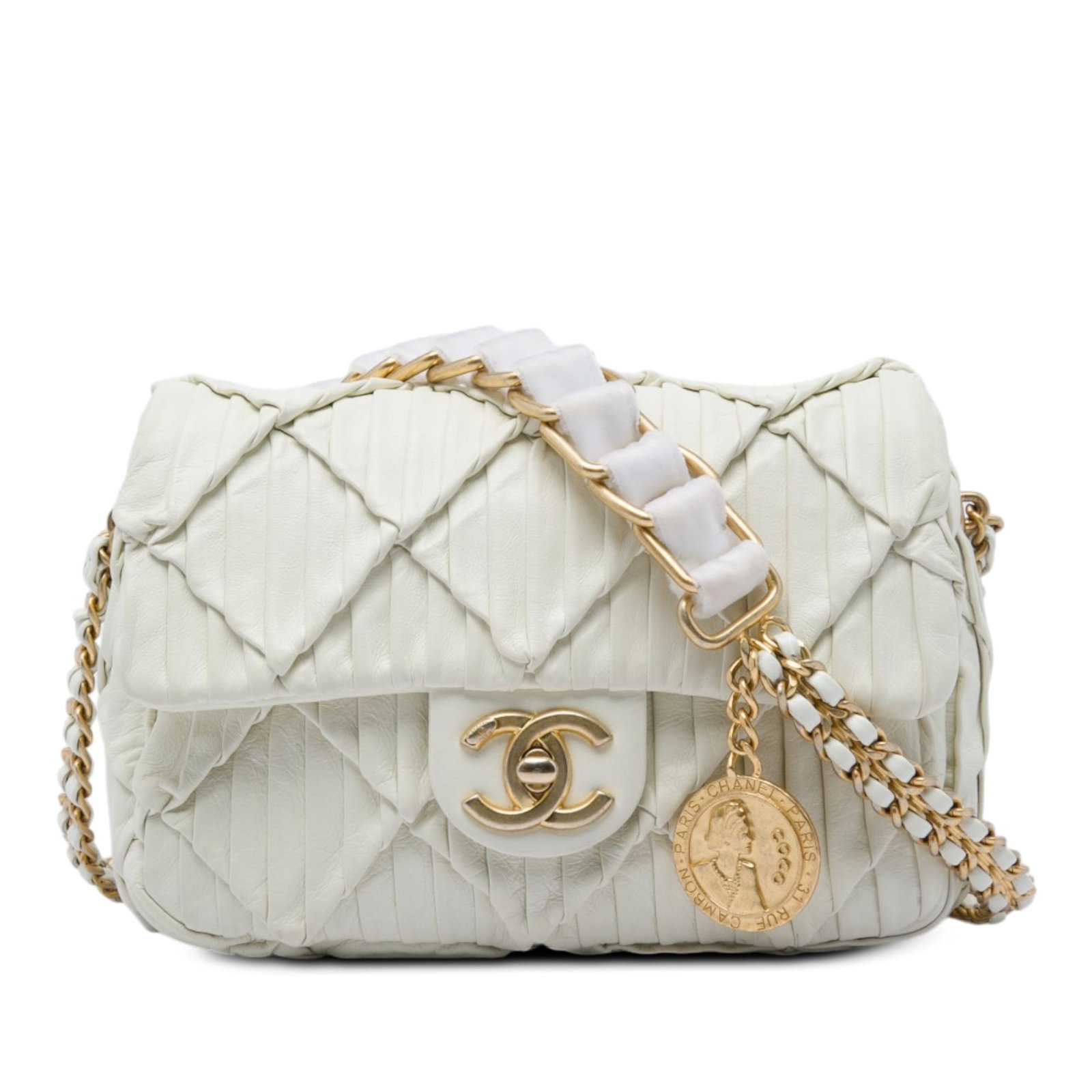 Chanel Chain Soul Flap Mini Pleated Calfskin Shoulder Bag White: Chanel Chain Soul Flap Mini Pleated Calfskin Shoulder Bag White A Chanel Mini Pleated Calfskin Chain Soul Flap bag crafted in white calf leather. This shoulder bag features a leather-woven chain-link