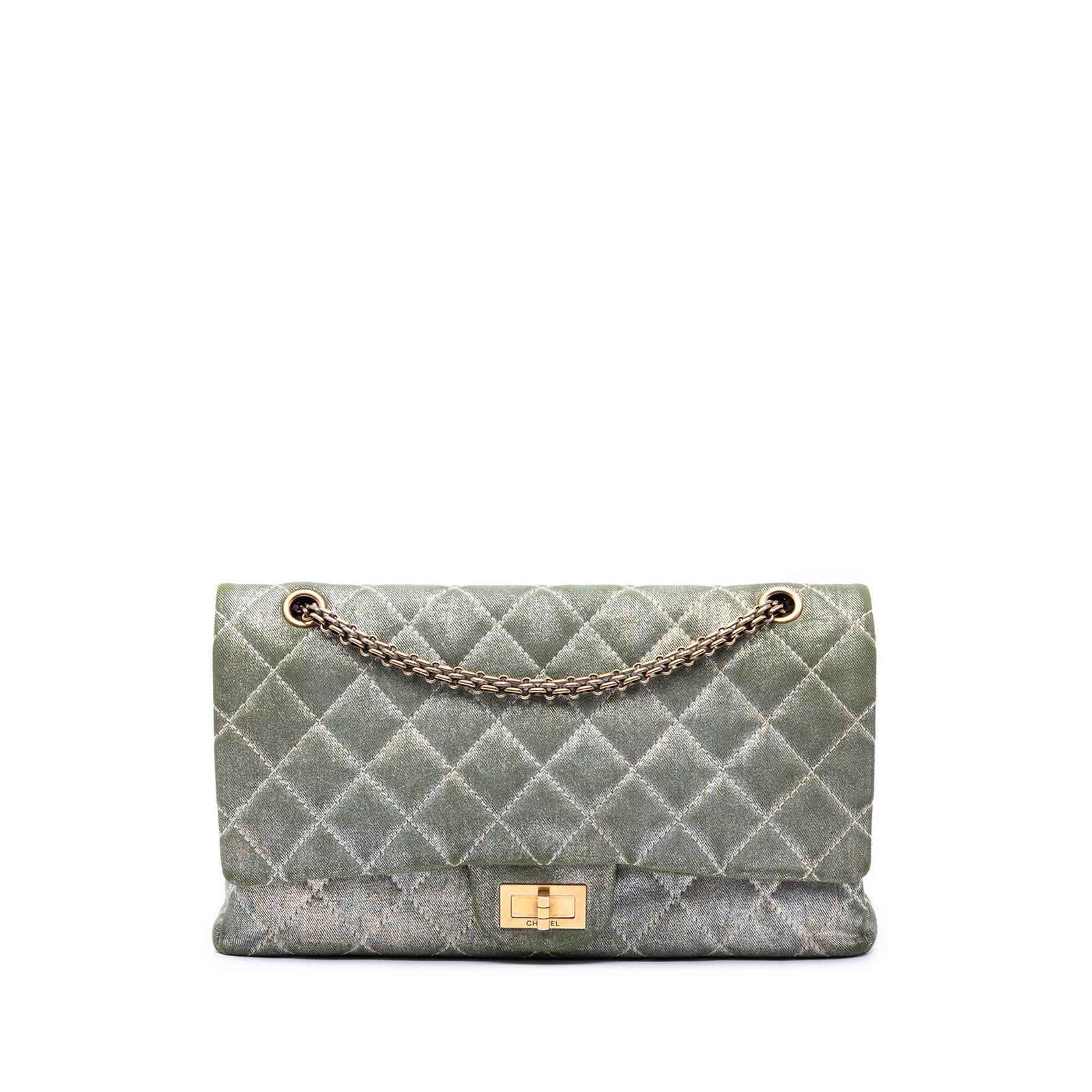 Chanel Reissue 2.55 227 Quilted Denim Double Flap Shoulder Bag: Chanel Reissue 2.55 227 Quilted Denim Double Flap Shoulder Bag A Chanel Reissue 2.55 Double Flap 227 shoulder bag in green quilted shimmering denim. This bag features chain link shoulder straps, doubl