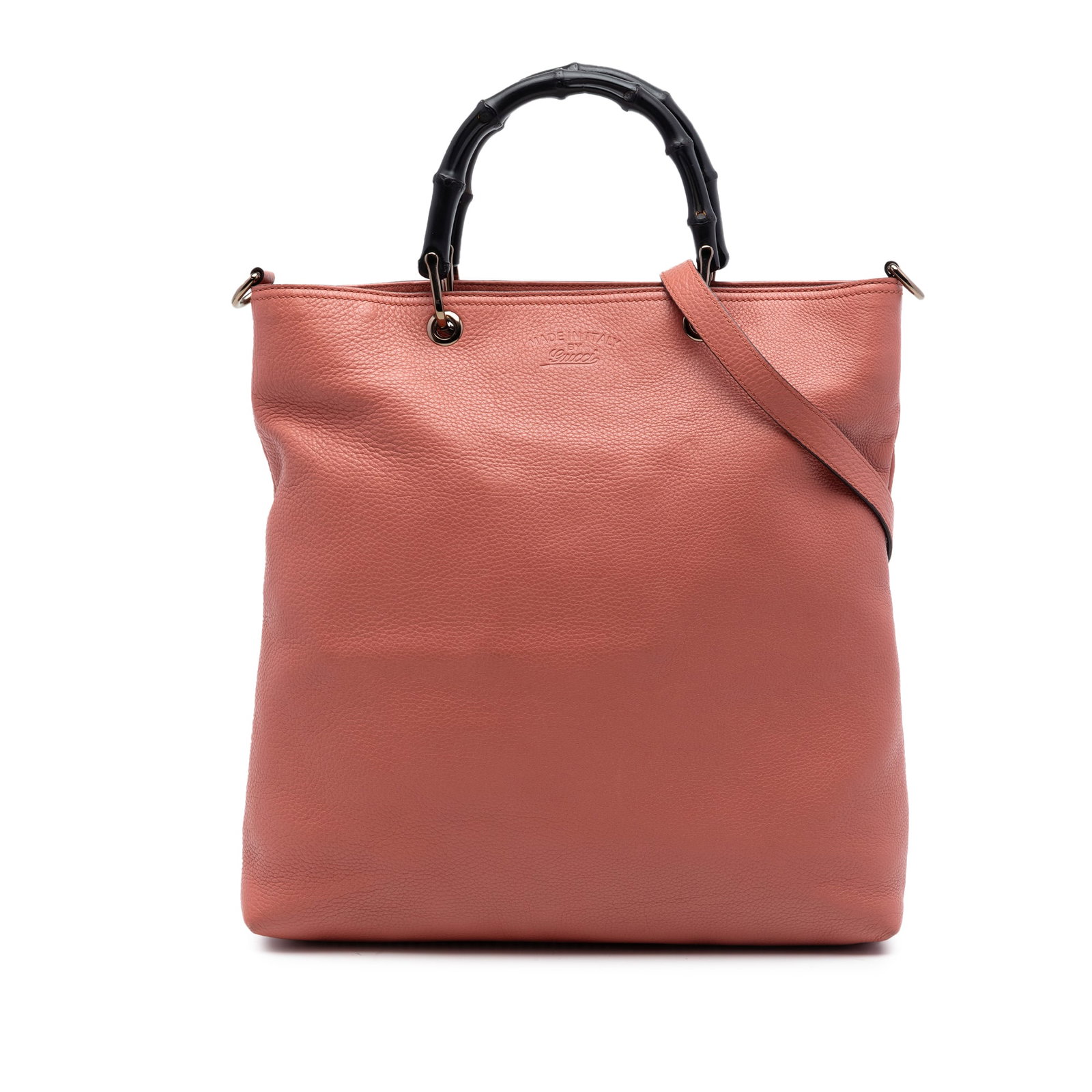 Gucci Tall Bamboo Shopper Tote Pink Calfskin Leather Bag: Gucci Tall Bamboo Shopper Tote Pink Calfskin Leather Bag A Gucci Tall Calfskin Bamboo Shopper Tote in pink leather with signature bamboo handles and a detachable flat shoulder strap. The open-top desi