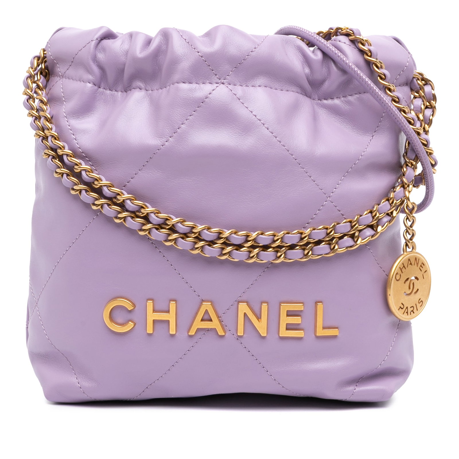 Chanel Mini 22 Shiny Calfskin Leather Handbag Purple: Chanel Mini 22 Shiny Calfskin Leather Handbag Purple Chanel Mini Shiny Calfskin 22 Handbag in purple quilted leather. This satchel features leather-woven chain straps, a rolled leather shoulder strap,