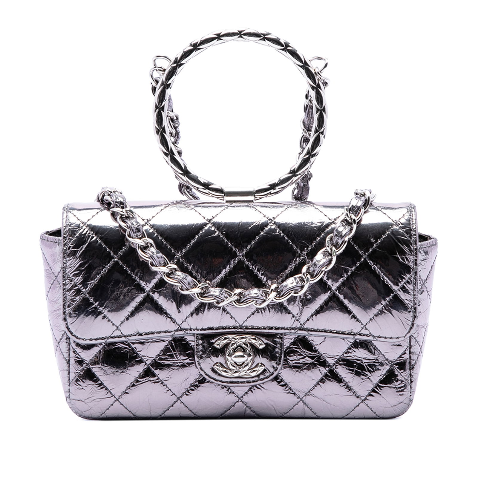 Chanel Ring Top Handle Flap Mini Quilted Metallic Calfskin Bag: Chanel Ring Top Handle Flap Mini Quilted Metallic Calfskin Bag A Chanel mini flap satchel crafted in metallic quilted calfskin leather with a structured silhouette. It features a round metal top handl