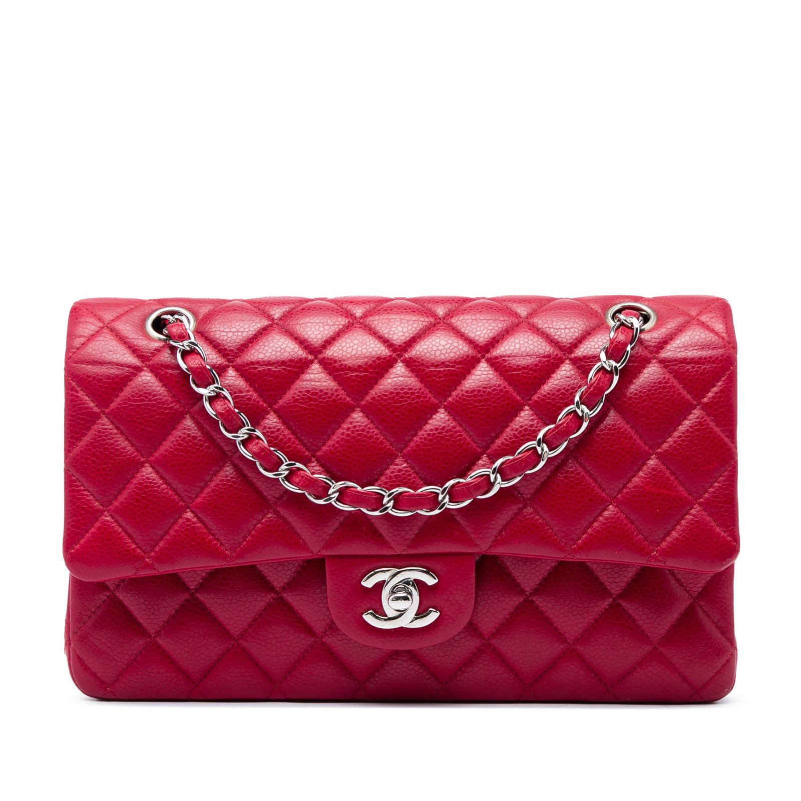 Chanel Medium Classic Double Flap Shoulder Bag Red Caviar Leather: Chanel Medium Classic Double Flap Shoulder Bag Red Caviar Leather A Chanel Medium Classic Caviar Double Flap shoulder bag crafted in red quilted caviar leather. This design features a leather-woven ch