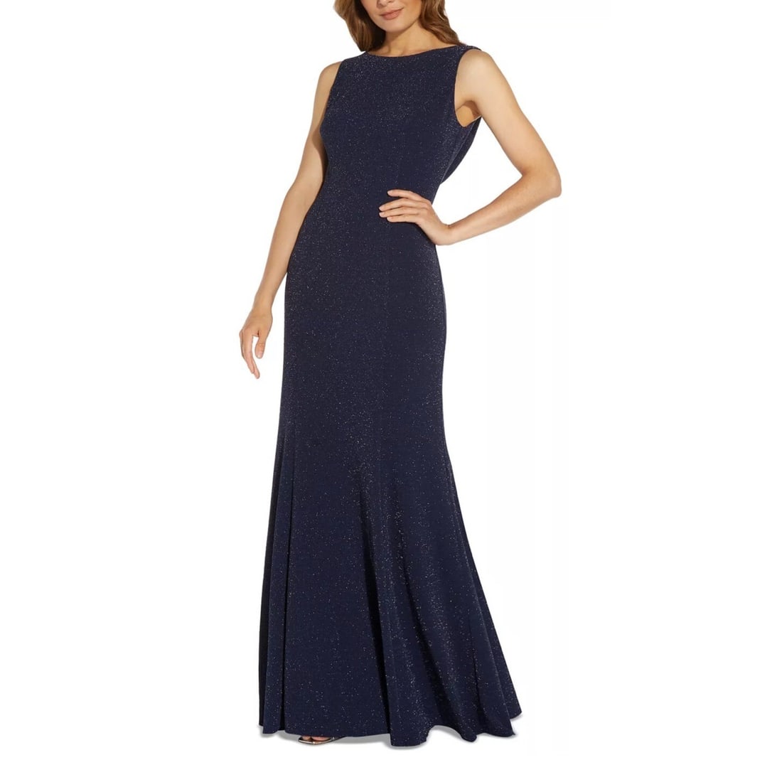 Adrianna Papell Navy Glitter Cowl-Back Ball Gown Size 12: Adrianna Papell Navy Glitter Cowl-Back Ball Gown Size 12 Make a stunning entrance in the Adrianna Papell Glitter Cowl-Back Long Gown. This elegant floor-length ball gown features a sophisticated boat 