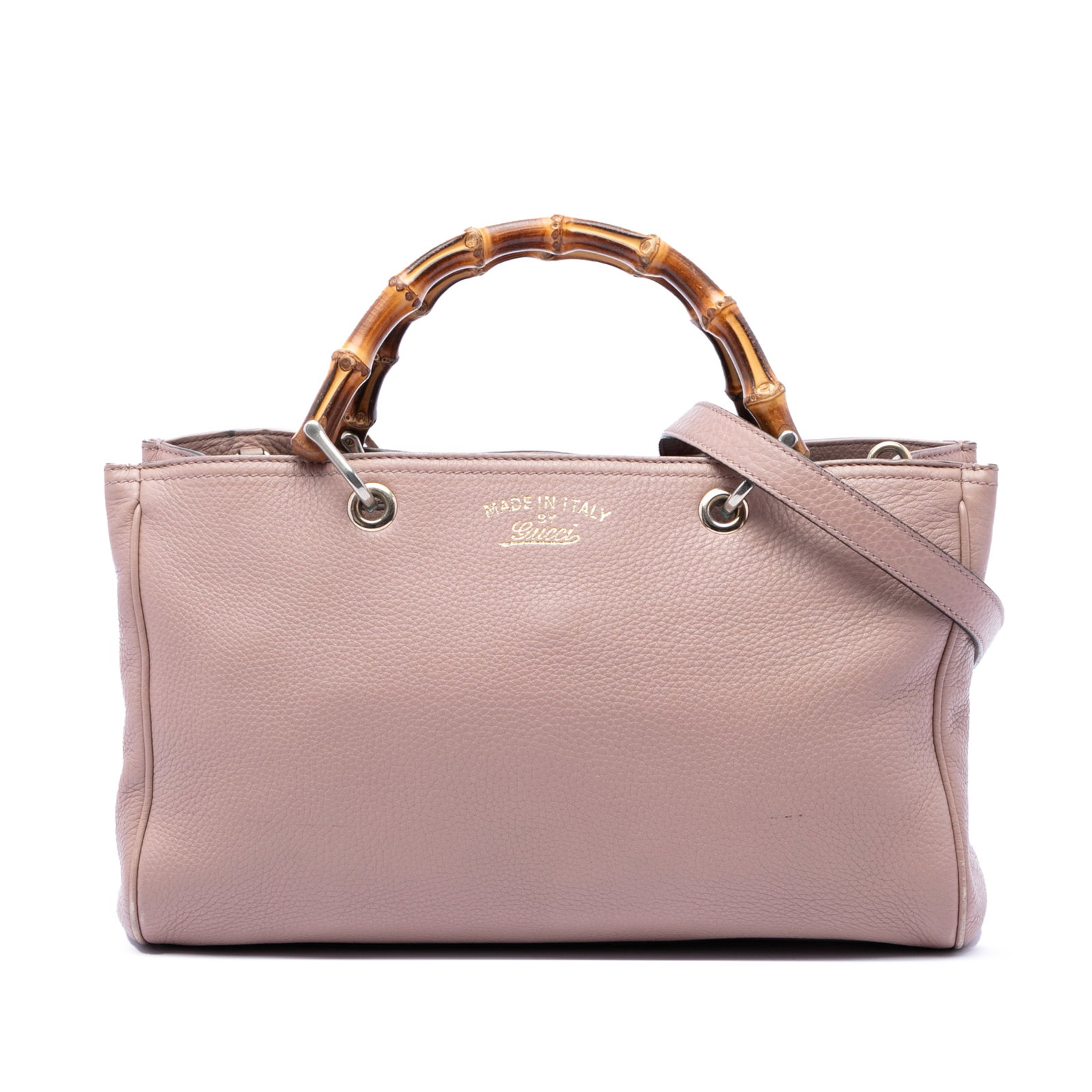 Gucci Bamboo Shopper Medium Calfskin Leather Satchel Pink: Gucci Bamboo Shopper Medium Calfskin Leather Satchel Pink A Gucci Medium Bamboo Shopper satchel crafted in pink calfskin leather with signature bamboo top handles and a detachable flat leather strap. 