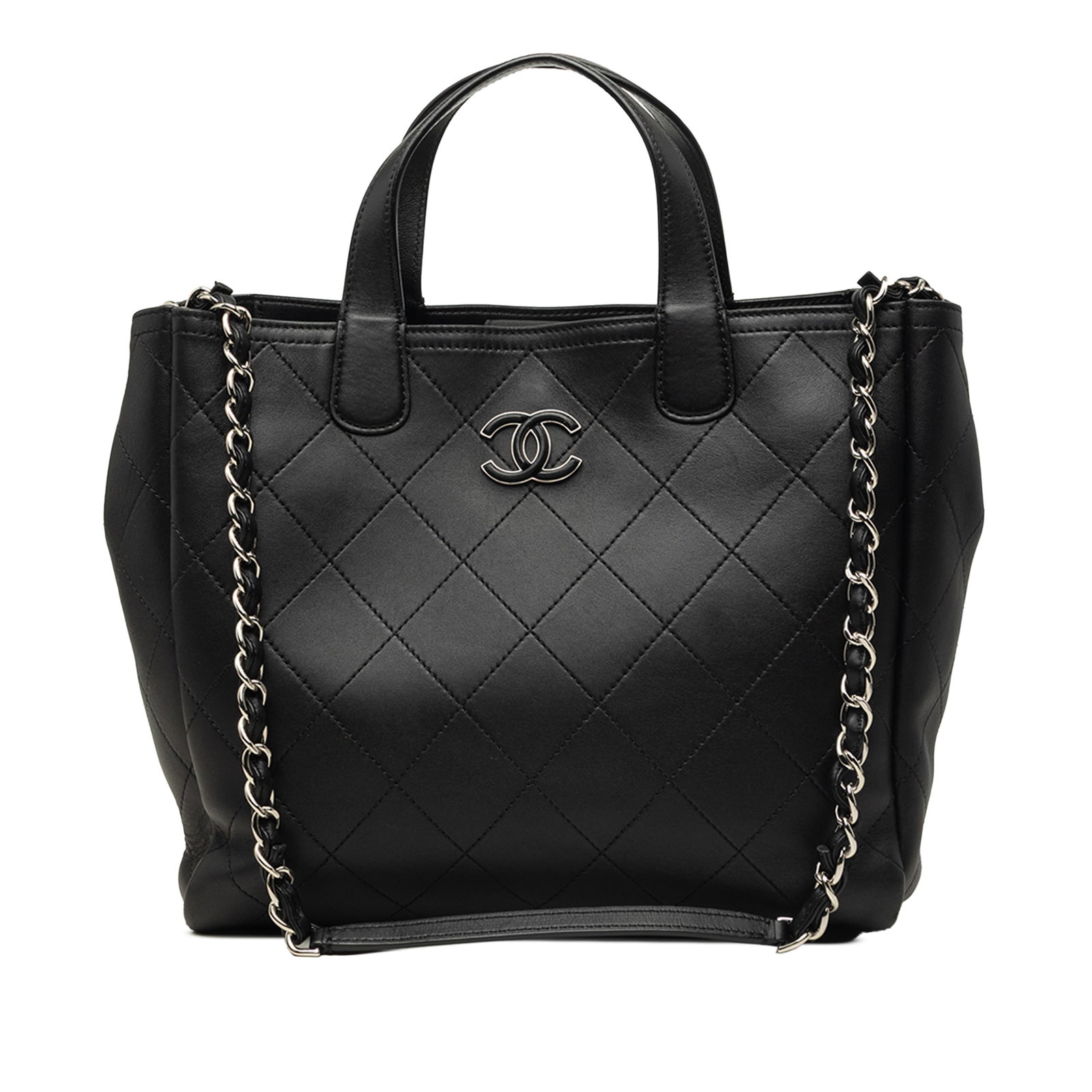 Chanel Lady Coco Medium Shopping Tote in Black Stitched Calfskin: Chanel Lady Coco Medium Shopping Tote in Black Stitched Calfskin A Chanel Lady Coco Shopping Tote crafted in black stitched calf leather. This medium tote features flat leather top handles, a leather-