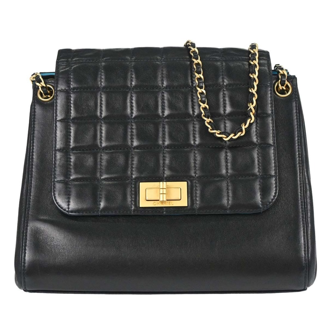 CHANEL Choco Bar Accordion Flap Shoulder Bag Black Lambskin: CHANEL Choco Bar Accordion Flap Shoulder Bag Black Lambskin Chanel Choco Bar Mademoiselle Lock Accordion Flap Bag in black lambskin leather with a turn-lock closure and shoulder strap. This small