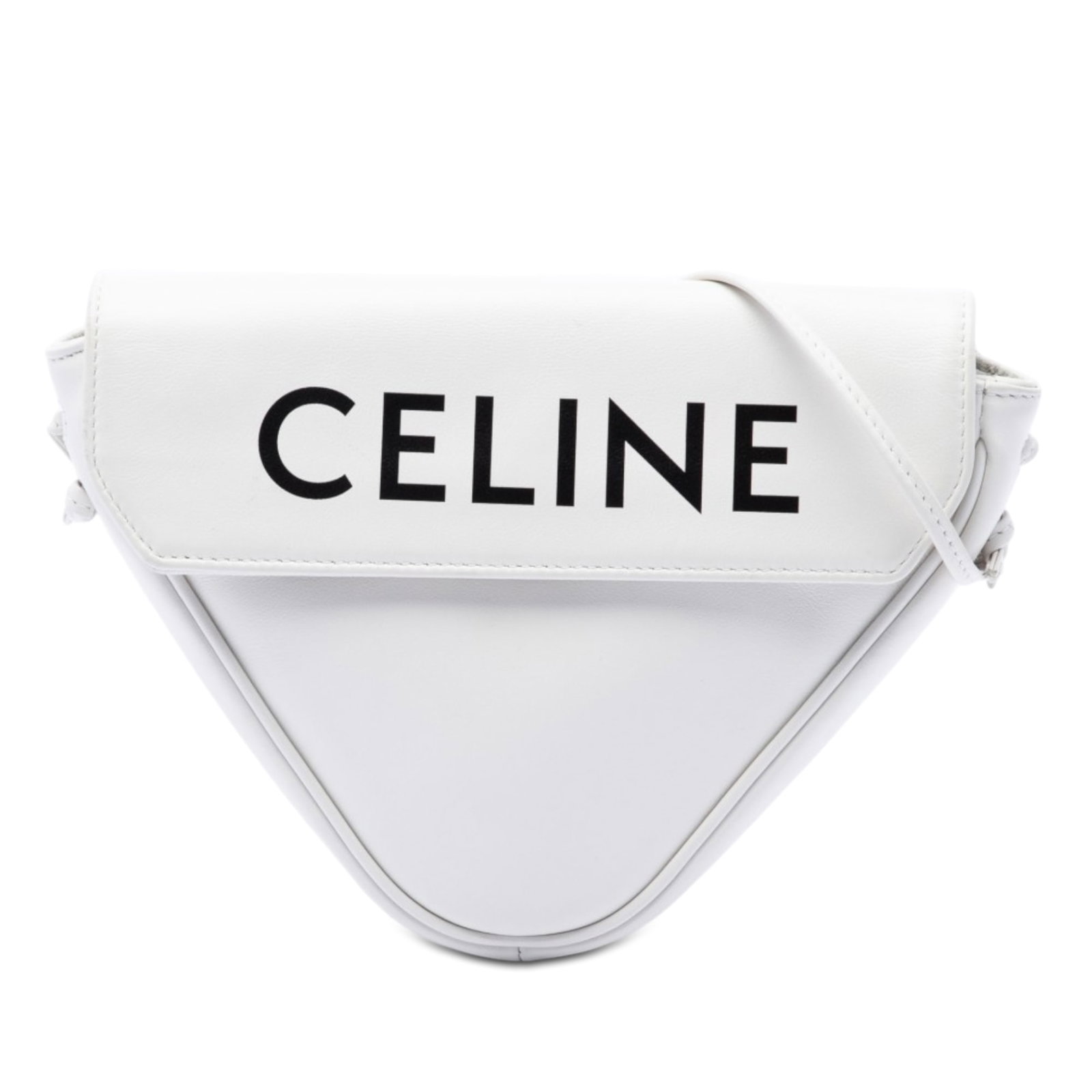 Celine Triangle Crossbody Bag in White Smooth Calfskin: Celine Triangle Crossbody Bag in White Smooth Calfskin A Celine Triangle crossbody bag crafted in smooth calfskin leather with a logo design. This crossbody style features an adjustable flat leather