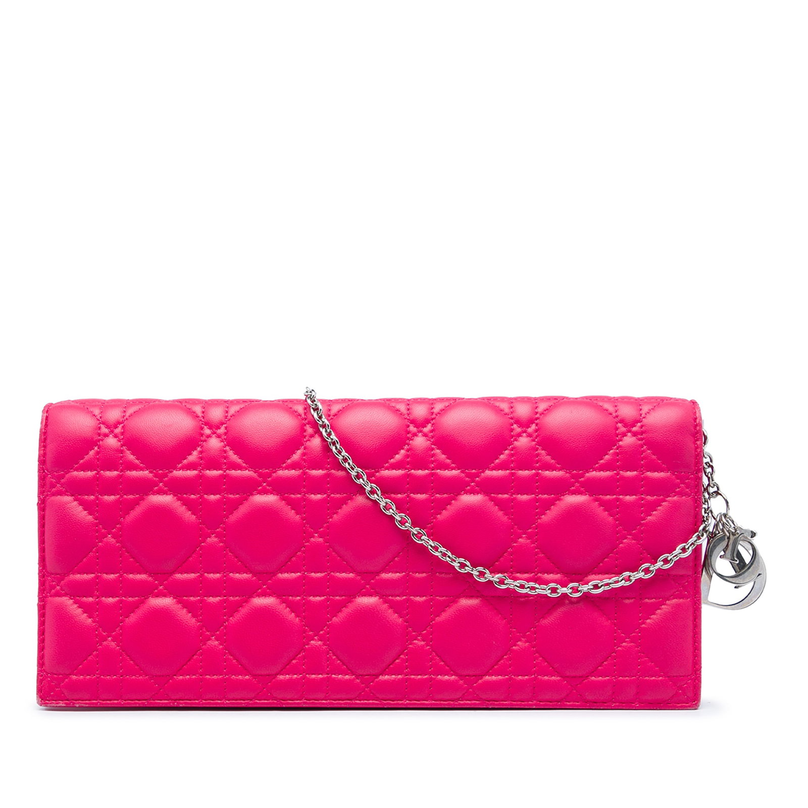 Dior Lady Dior Cannage lambskin chain clutch crossbody: Dior Lady Dior Cannage lambskin chain clutch crossbody Lady Dior Chain Convertible Clutch in pink quilted lambskin leather with Cannage detailing. This bag features a detachable chain link strap, a fr