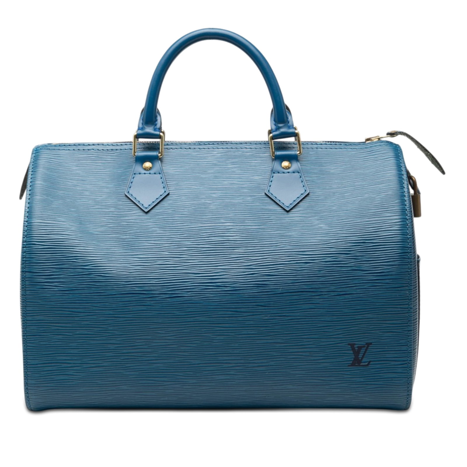 Louis Vuitton Speedy 35 Epi Leather Handbag Blue: Louis Vuitton Speedy 35 Epi Leather Handbag Blue Louis Vuitton Epi Speedy 35 handbag crafted in blue Epi leather with rolled leather handles, a top zip closure, and an interior pocket. Made in France.