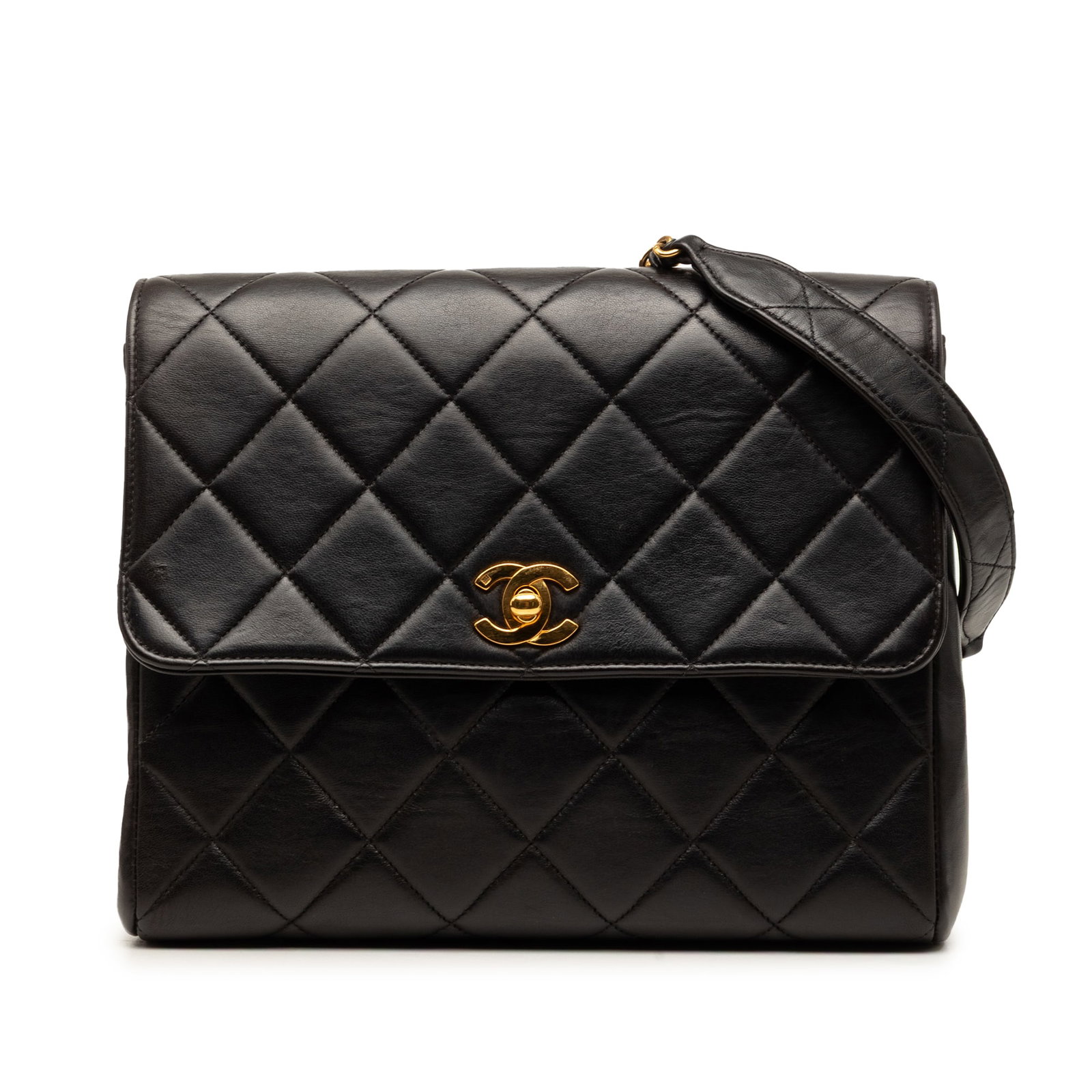 Chanel Small Square Crossbody Bag Quilted Black Lambskin CC Flap: Chanel Small Square Crossbody Bag Quilted Black Lambskin CC Flap Small Square Quilted Lambskin Straight Single Flap crossbody bag with a quilted lambskin leather body, leather-woven chain link strap w