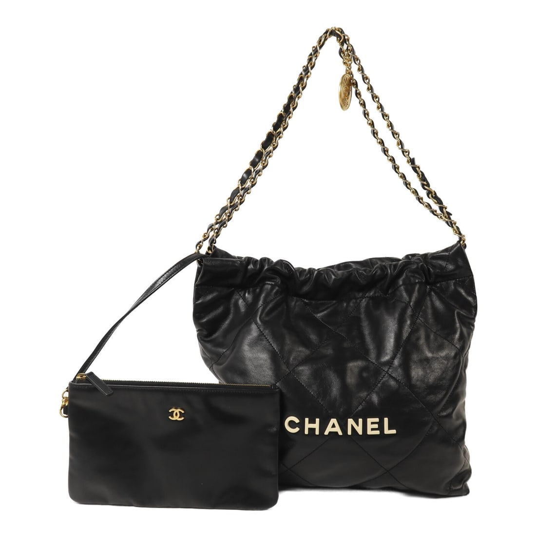 CHANEL AS3260 Chanel 22 Small Black Calfskin Shoulder Bag: CHANEL AS3260 Chanel 22 Small Black Calfskin Shoulder Bag Chanel 22 Small chain shoulder bag in black calfskin leather. This women's shoulder bag features the CC design, a magnetic pocket, and an inte