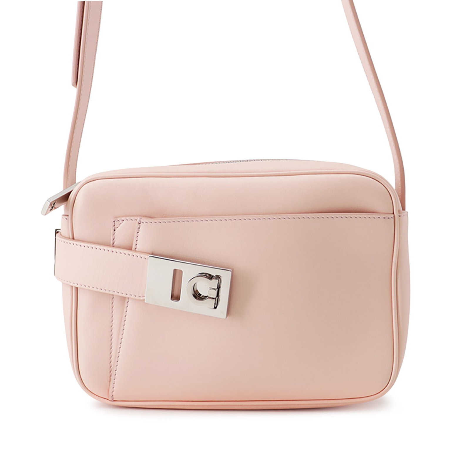 Ferragamo Gancini Archive Small Leather Camera Crossbody Bag: Ferragamo Gancini Archive Small Leather Camera Crossbody Bag Ferragamo small camera case crossbody in pink leather with the Gancini Archive design. This bag features an adjustable flat leather strap, 