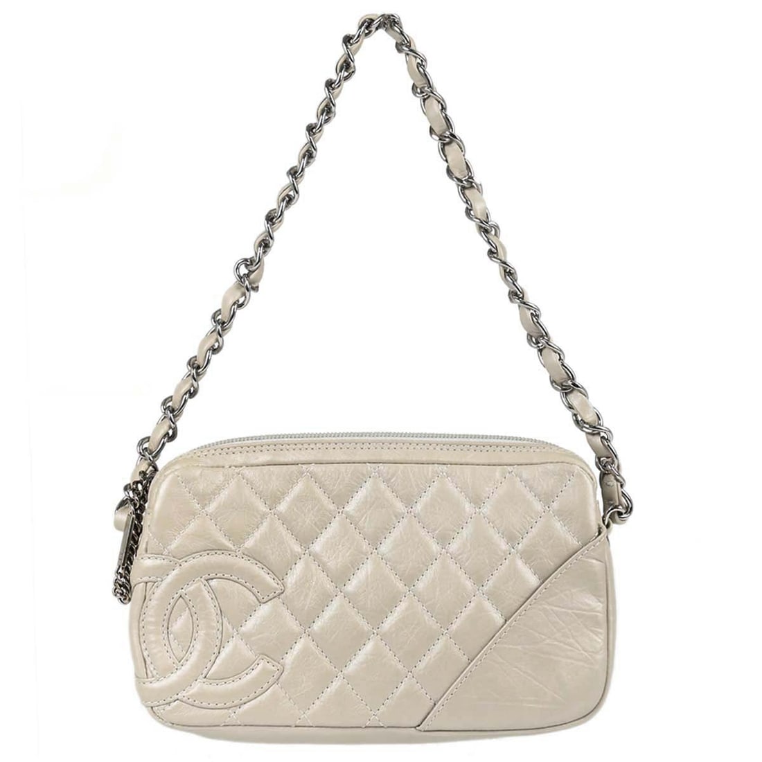 CHANEL Cambon Ligne Top Handle Bag Off White Calfskin: CHANEL Cambon Ligne Top Handle Bag Off White Calfskin Chanel Cambon Ligne top handle handbag in off-white calfskin leather with a quilted matelasse design, logo accents, and silver-tone hardware. This