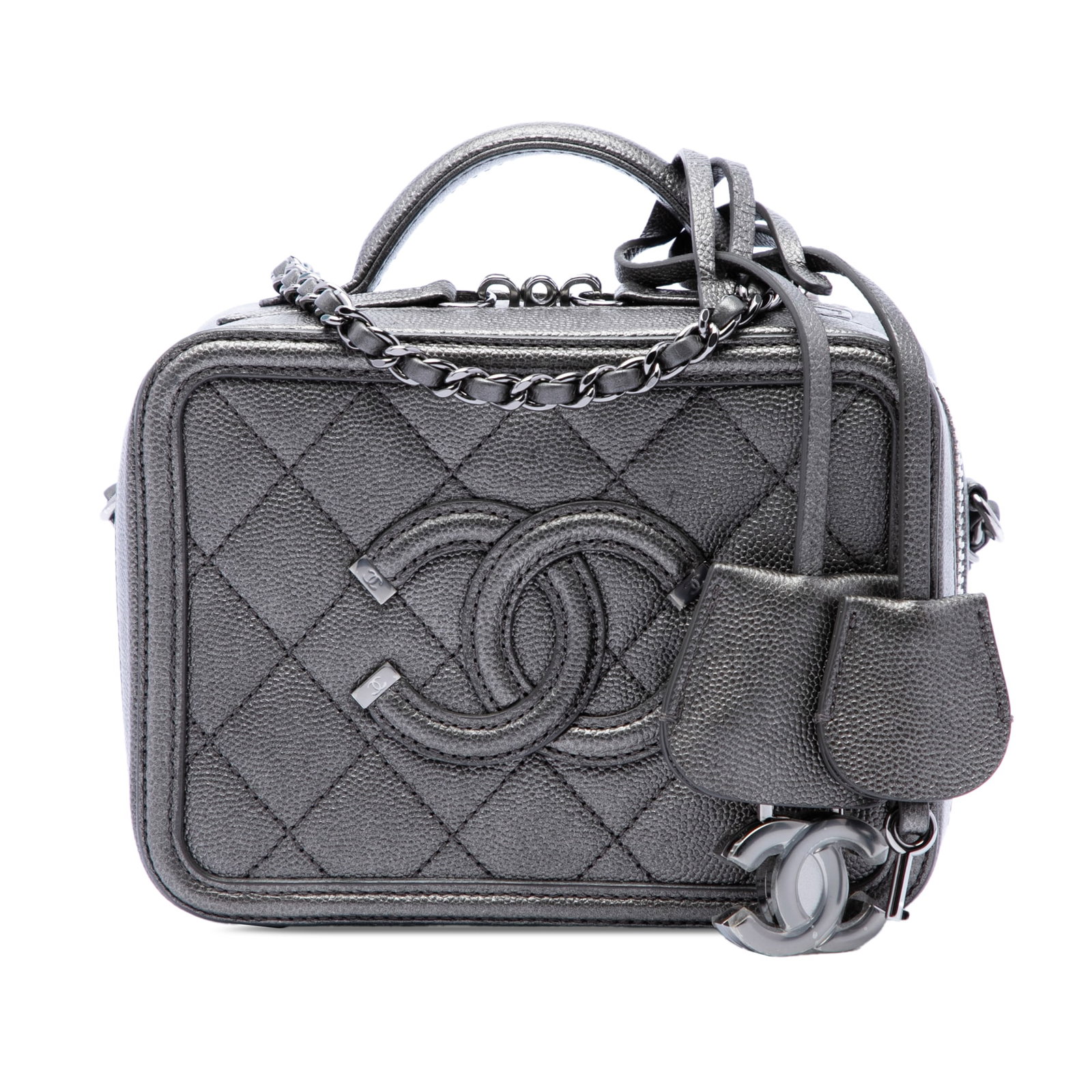 Chanel CC Filigree Small Vanity Case Metallic Caviar Leather: Chanel CC Filigree Small Vanity Case Metallic Caviar Leather This small vanity case features a caviar leather body in gray metallic finish, with a flat leather top handle, a leather woven chain strap,