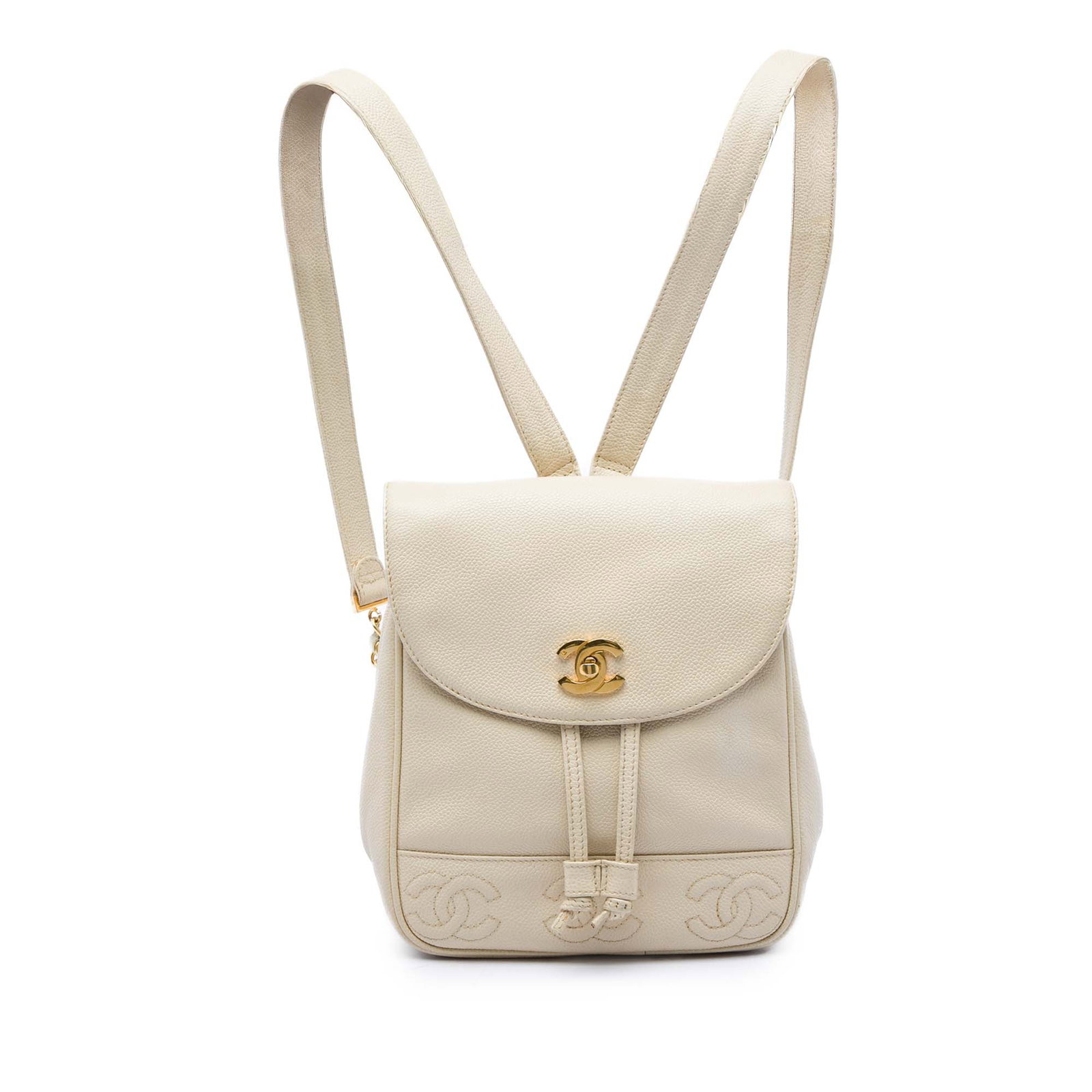 Chanel Triple CC Caviar Leather Backpack White: Chanel Triple CC Caviar Leather Backpack White A Chanel Caviar Triple CC Backpack crafted in white caviar leather with adjustable flat leather straps. The design features a front flap with a gold-tone