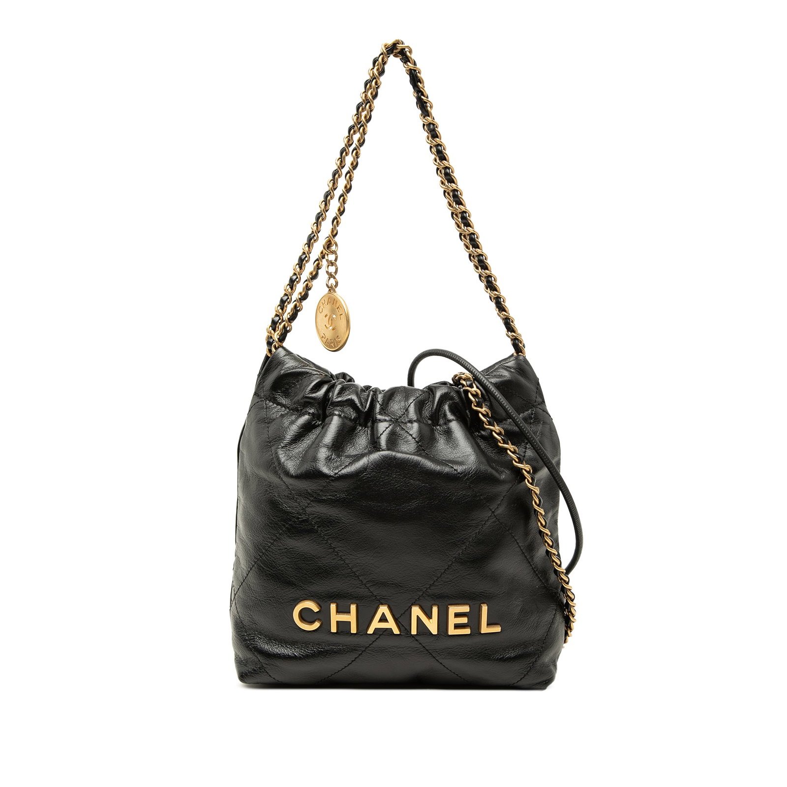 Chanel 22 Mini Handbag in Black Shiny Calfskin: Chanel 22 Mini Handbag in Black Shiny Calfskin Chanel Mini Shiny Calfskin 22 Handbag in black leather with a quilted body, leather woven chain straps, a rolled leather shoulder strap, an open top, and