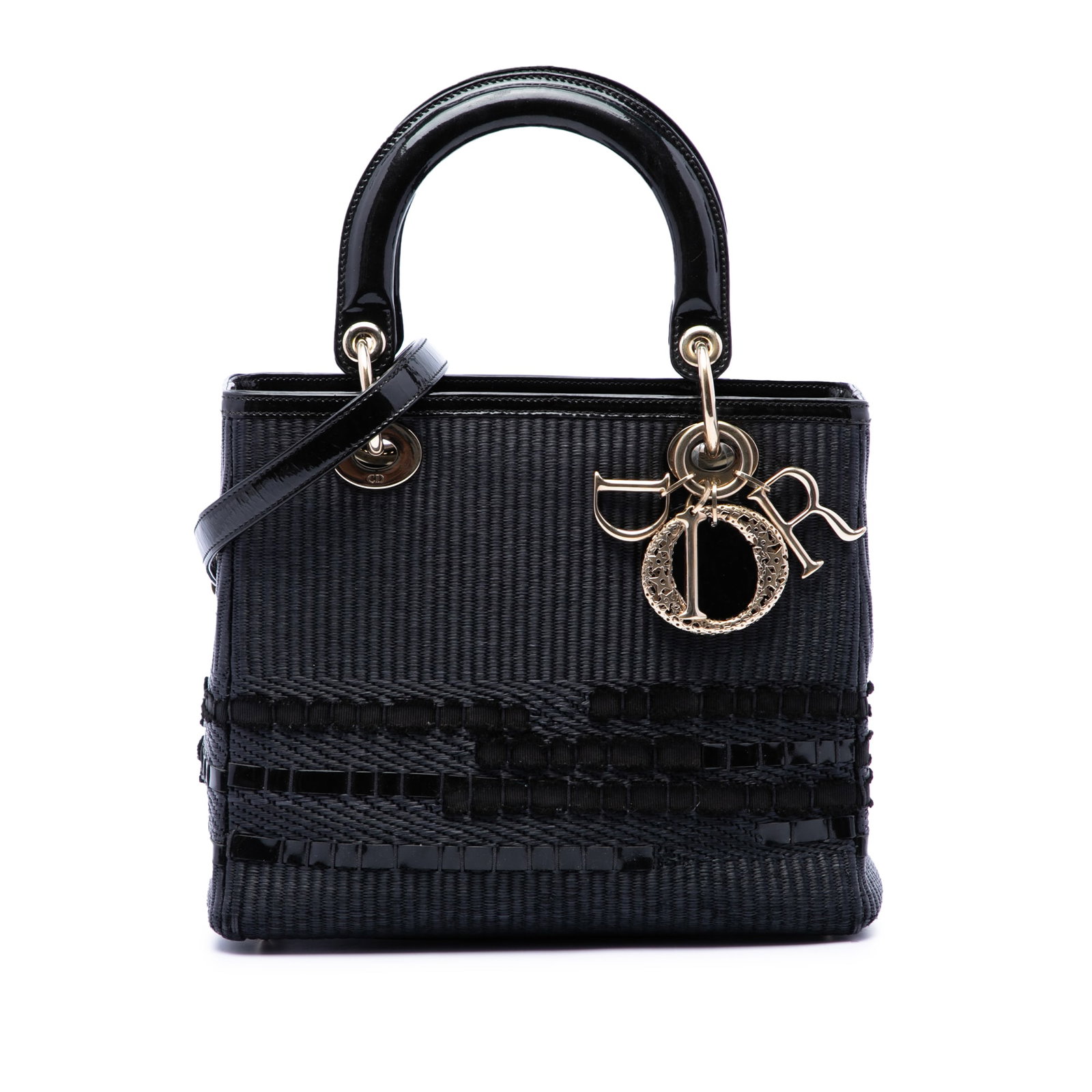 Dior Lady Dior Medium Handbag in Woven Canvas with Patent Trim: Dior Lady Dior Medium Handbag in Woven Canvas with Patent Trim A medium Lady Dior bag crafted in woven canvas with patent leather trim. It features flat top handles, a detachable flat strap, a top zip