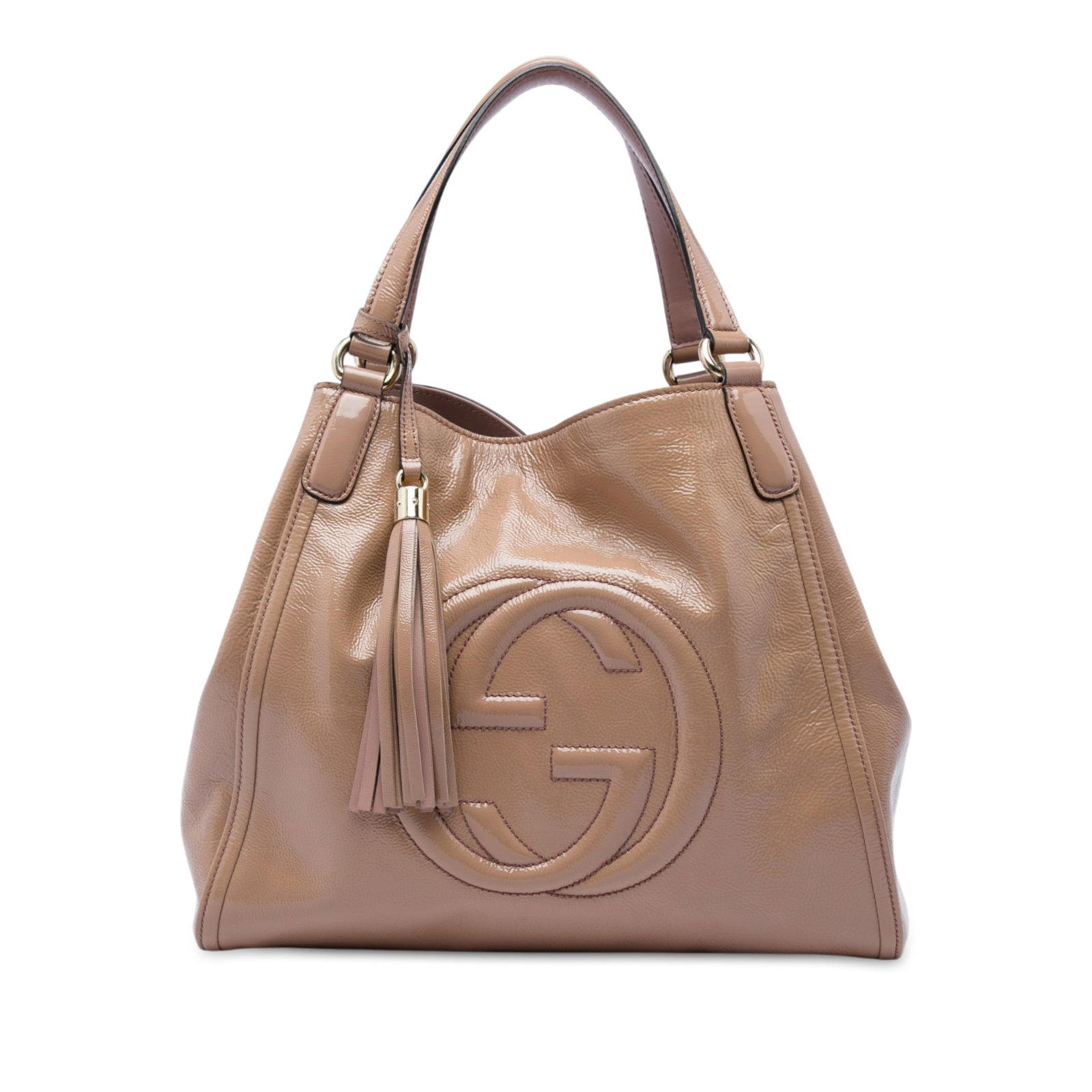 Gucci Soho Cellarius Medium Patent Leather Tote Bag Brown: Gucci Soho Cellarius Medium Patent Leather Tote Bag Brown A Gucci Medium Patent Soho Cellarius Tote crafted in brown patent leather with a tassel accent and flat leather straps. The open-top design fe