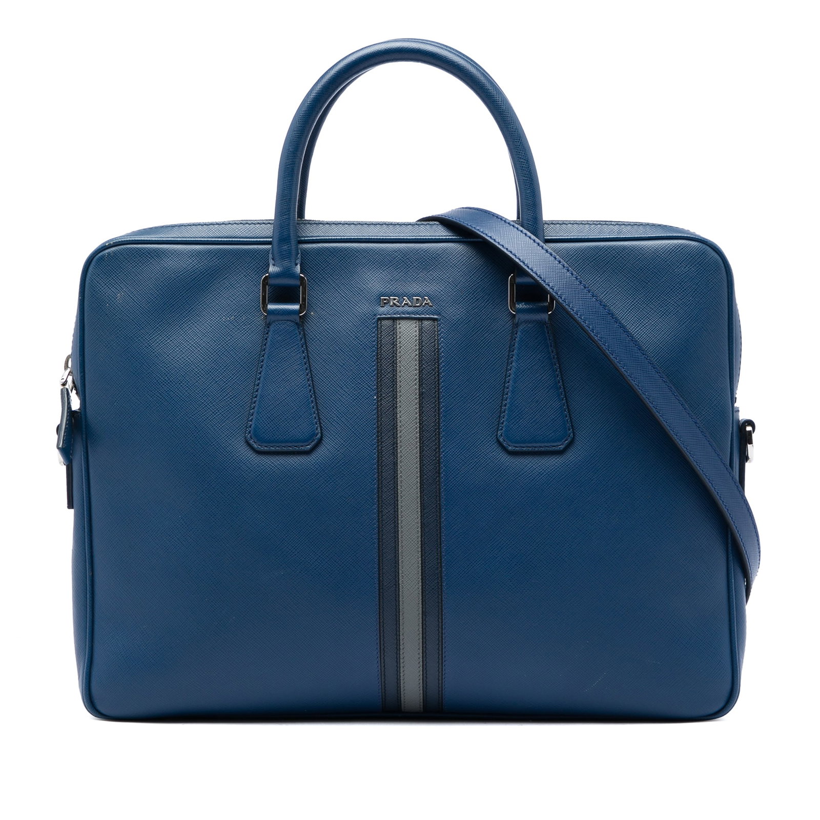 Prada Saffiano Striped Leather Business Bag Blue Italy: Prada Saffiano Striped Leather Business Bag Blue Italy Structured in saffiano leather, this Prada business bag features rolled leather handles, a detachable and adjustable flat leather strap, a top zi