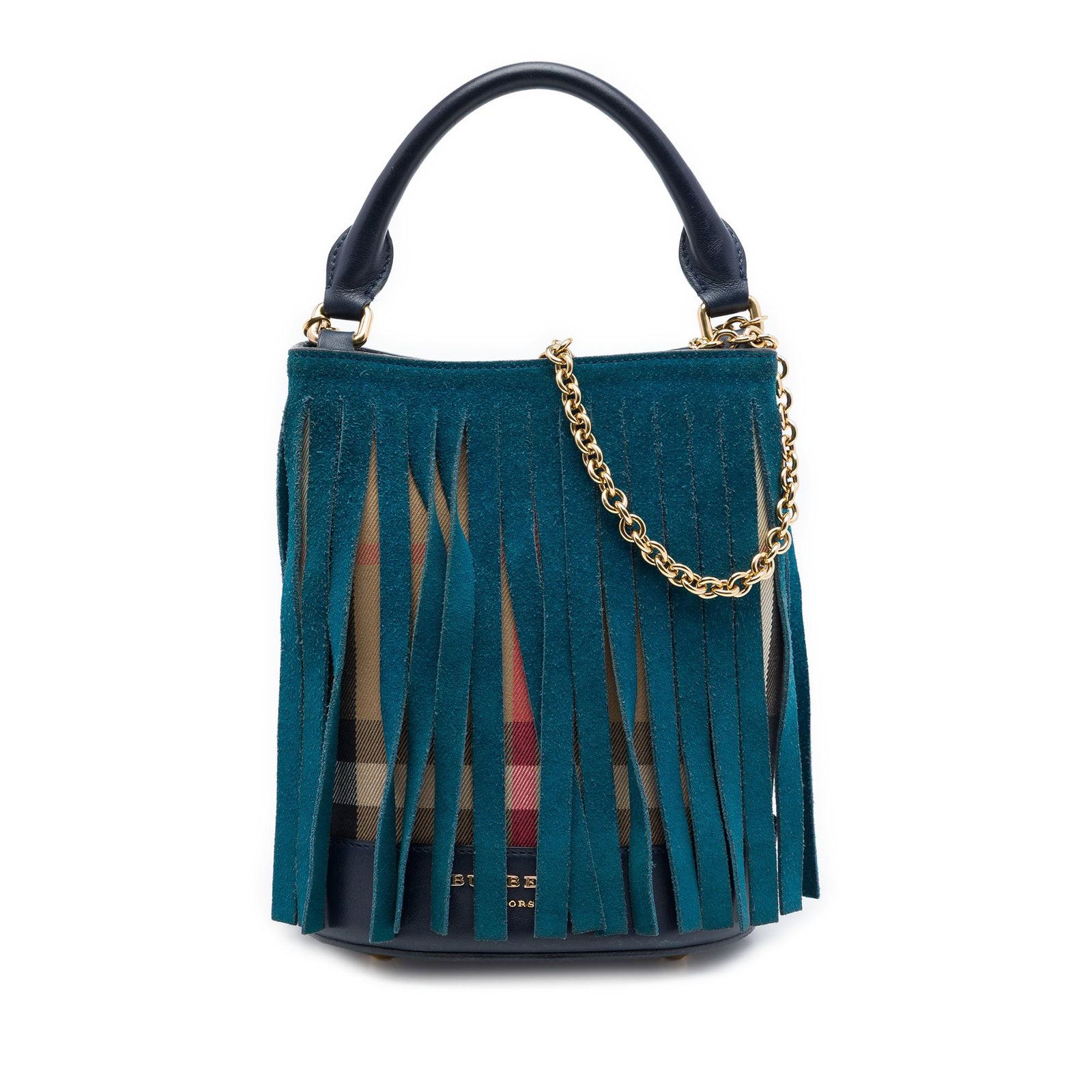 Burberry Prorsum fringe bucket bag in House Check canvas suede: Burberry Prorsum fringe bucket bag in House Check canvas suede Burberry Prorsum House Check bucket bag crafted with a canvas body, leather trim, and an overlay of suede fringe. The design features a r
